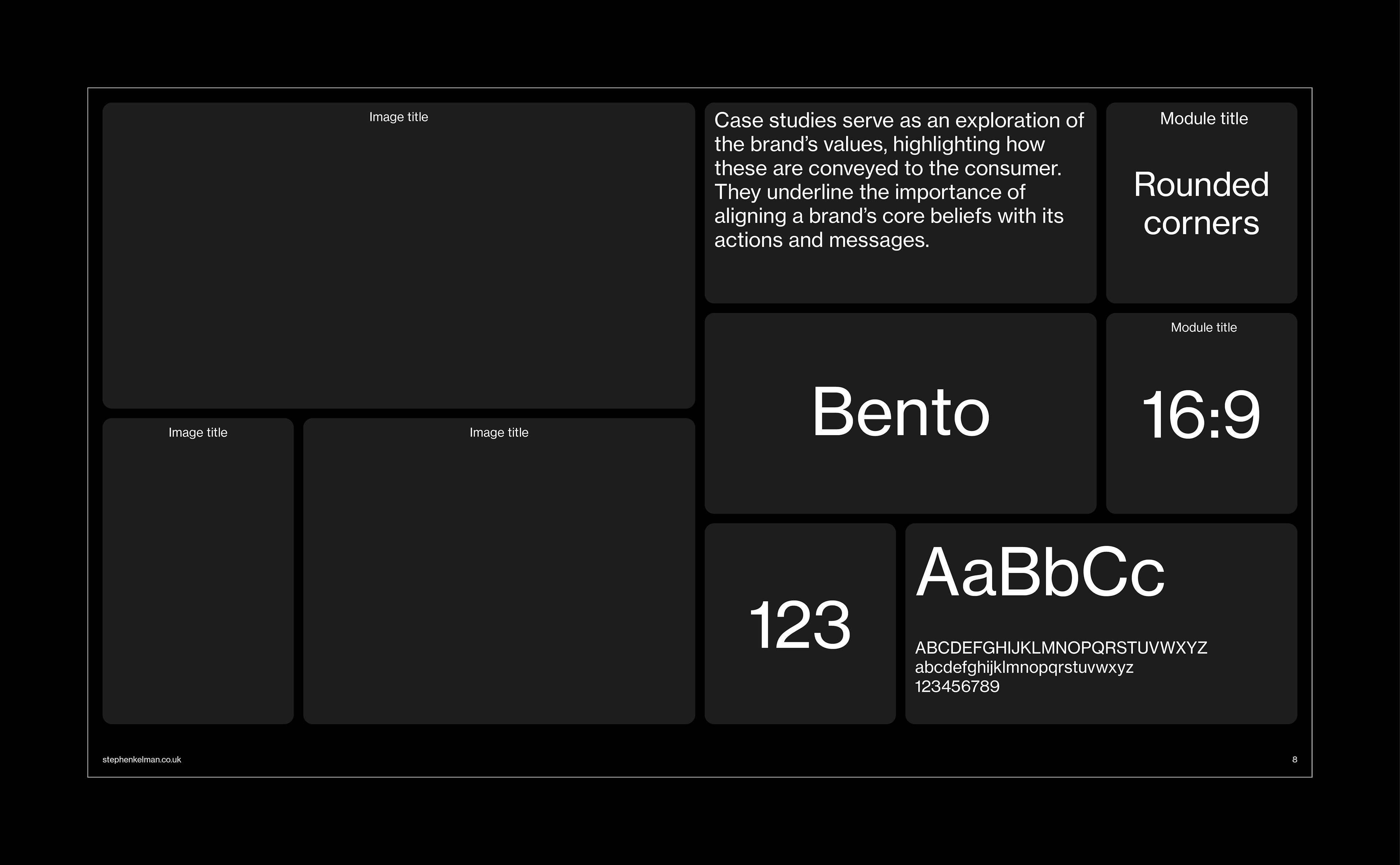Bento Style Presentation Grid System for InDesign | Example layout on black background