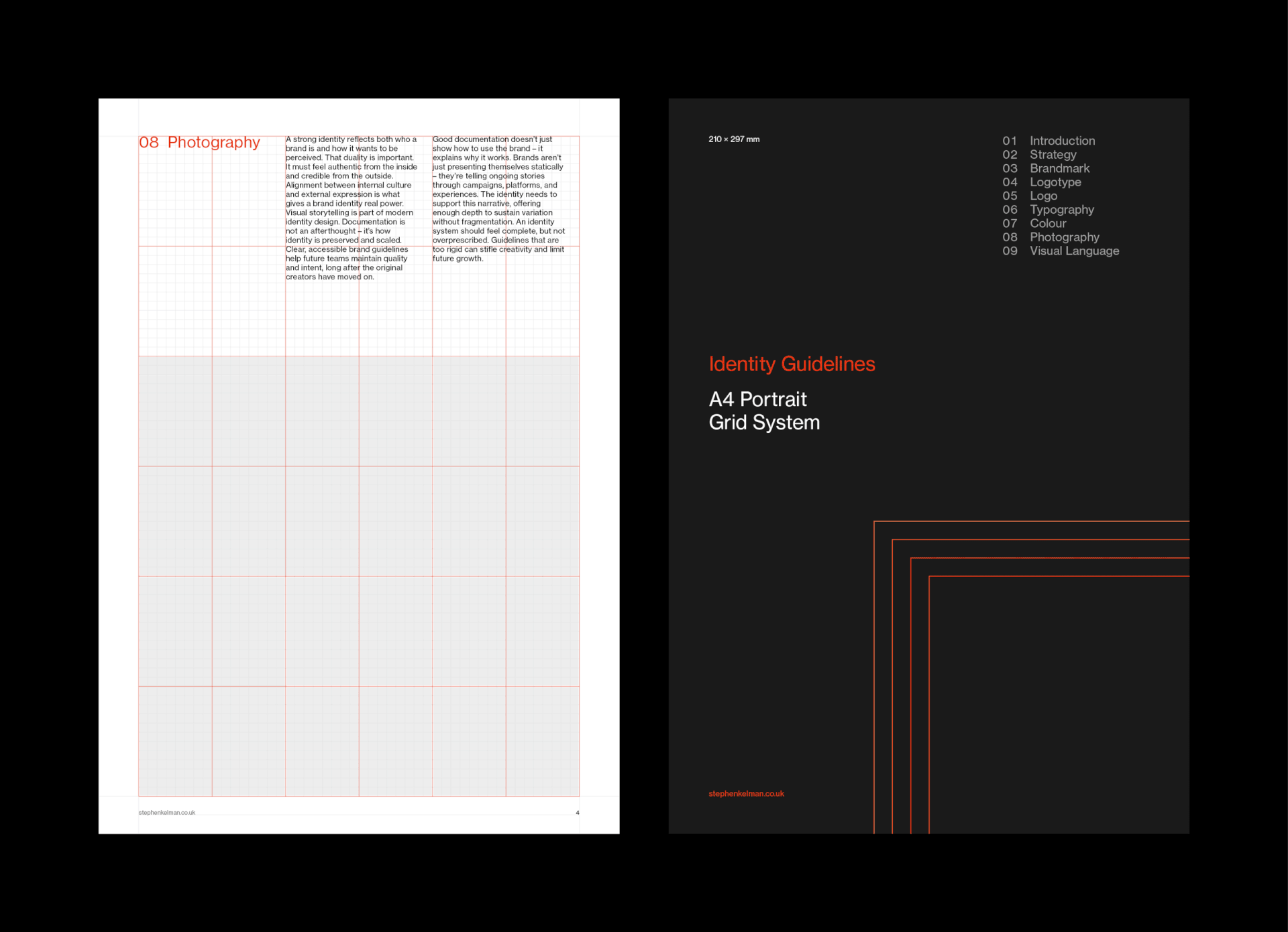 Brand Identity Guidelines Grid System A4 Portrait – dark contents cover beside a red-grid photography page