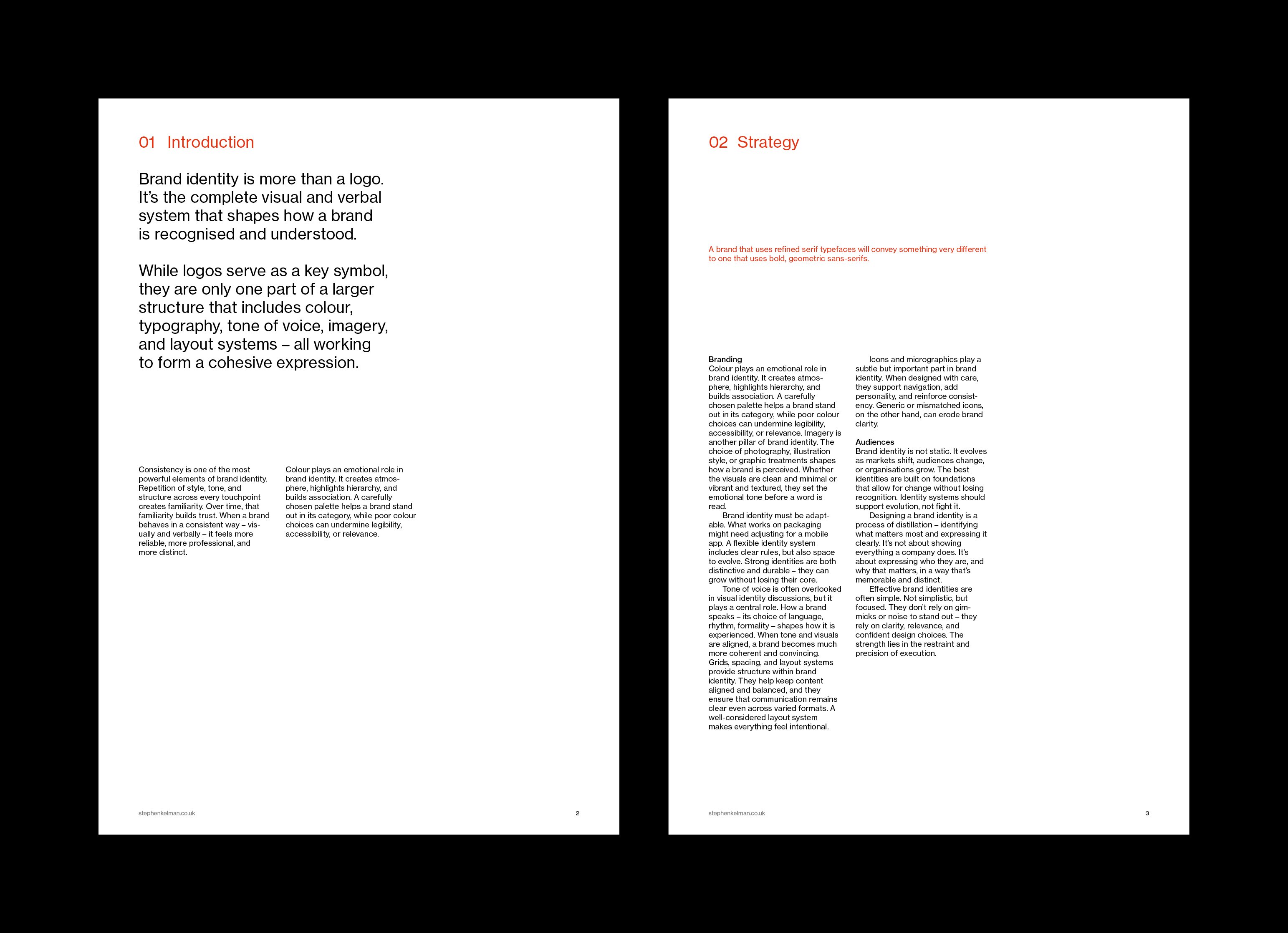 Introduction and strategy pages pairing a bold opening statement with three columns of guideline copy