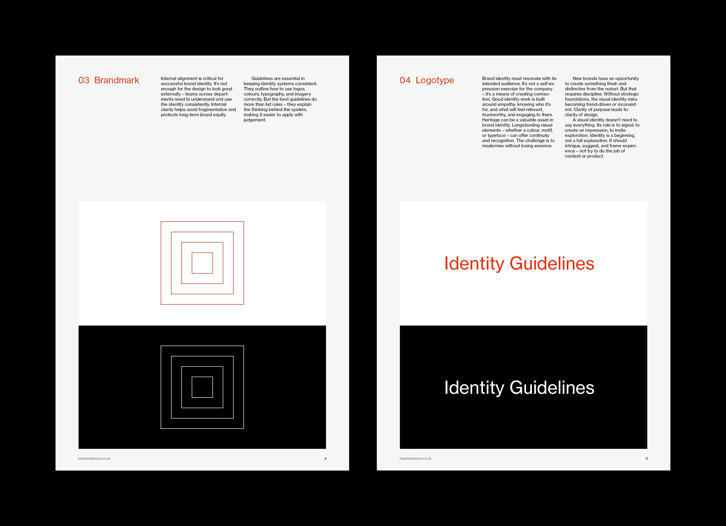 Brandmark and logotype pages showing the concentric-square mark and wordmark in positive and reversed versions
