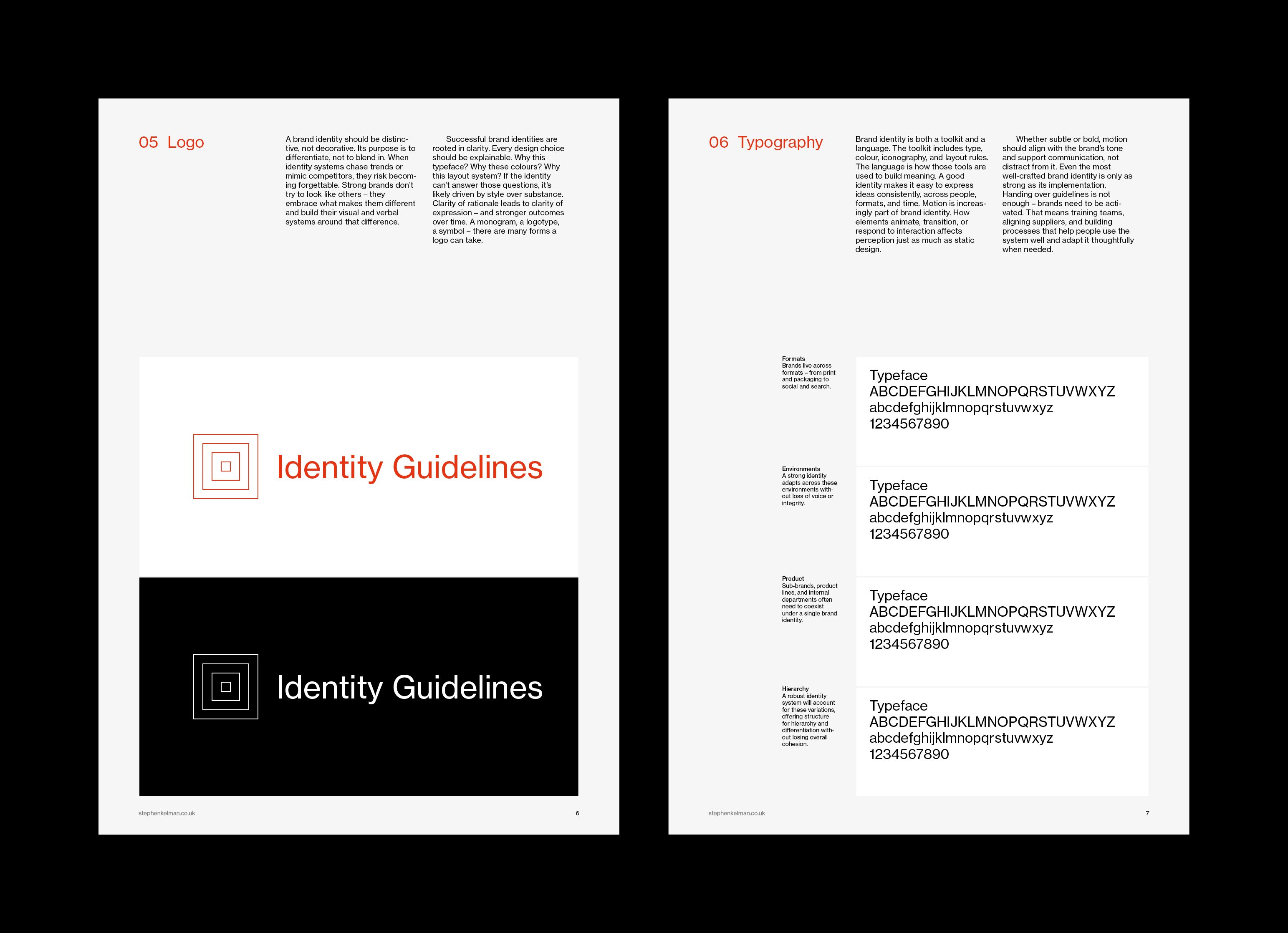 Logo lockups on light and dark panels opposite a typography page with four alphabet specimens