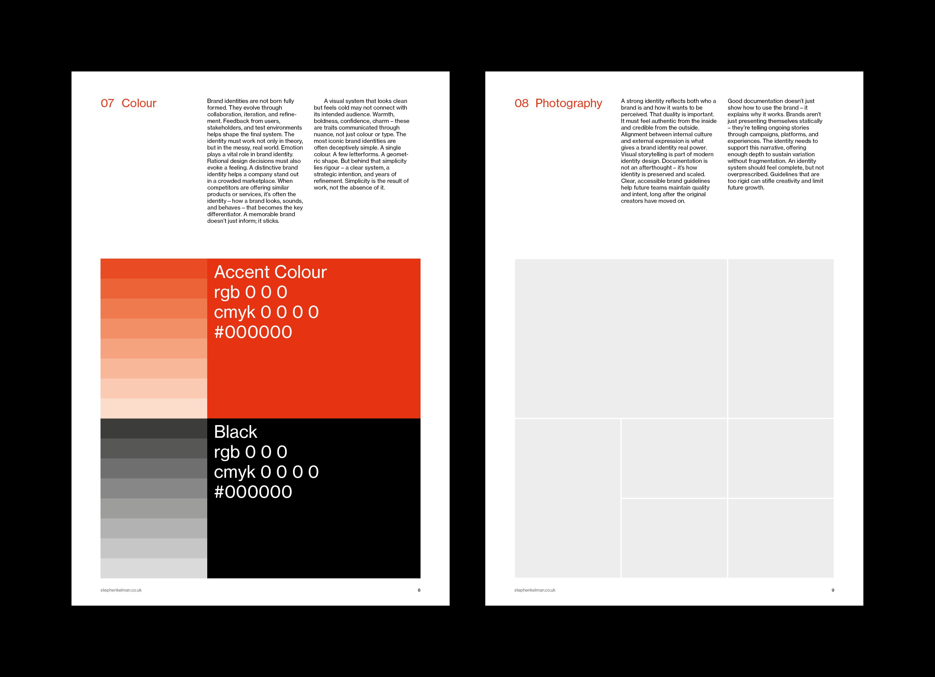 Colour page with red and black swatch ladders and values, beside a photography section with empty image grid