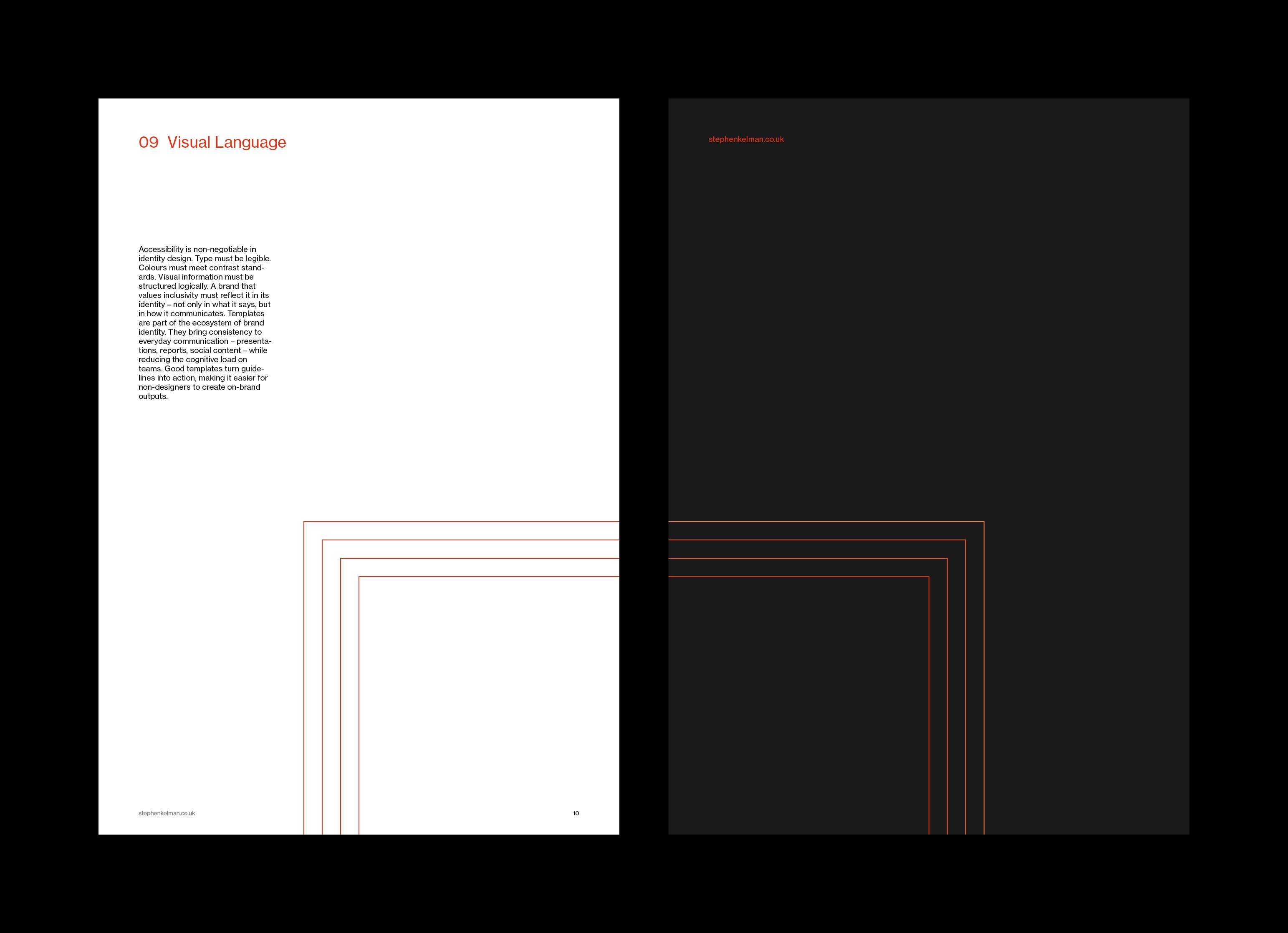 Visual language page and dark back cover, both framed by nested red corner rules