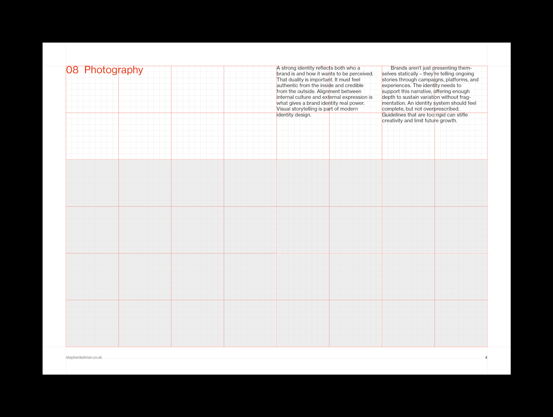 Brand Guidelines for InDesign A4 Landscape – photography section page with red modular grid overlay
