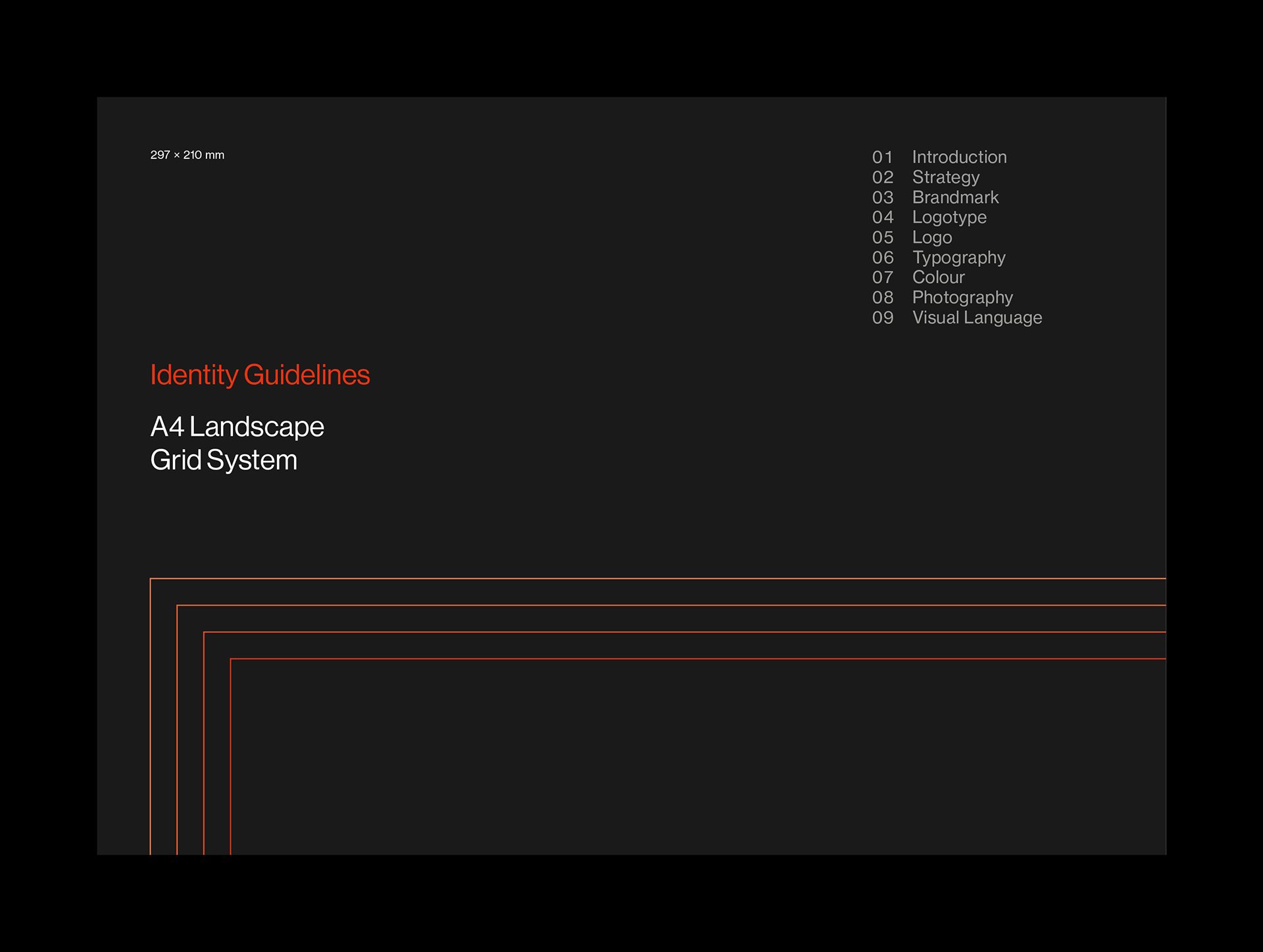 Dark cover spread with numbered chapter list and nested red corner rules on charcoal
