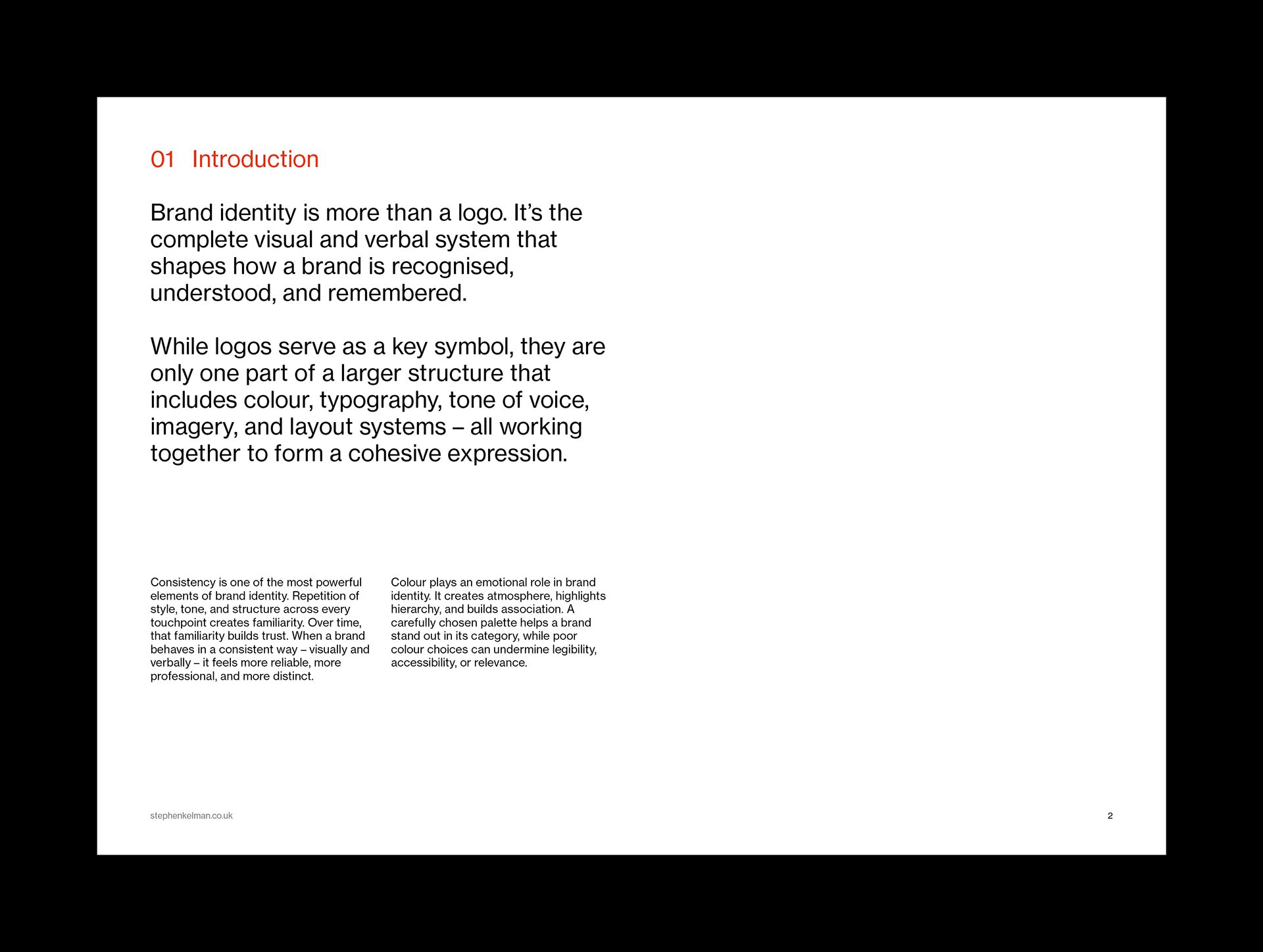 Introduction page with a large opening statement on brand identity above two columns of small print