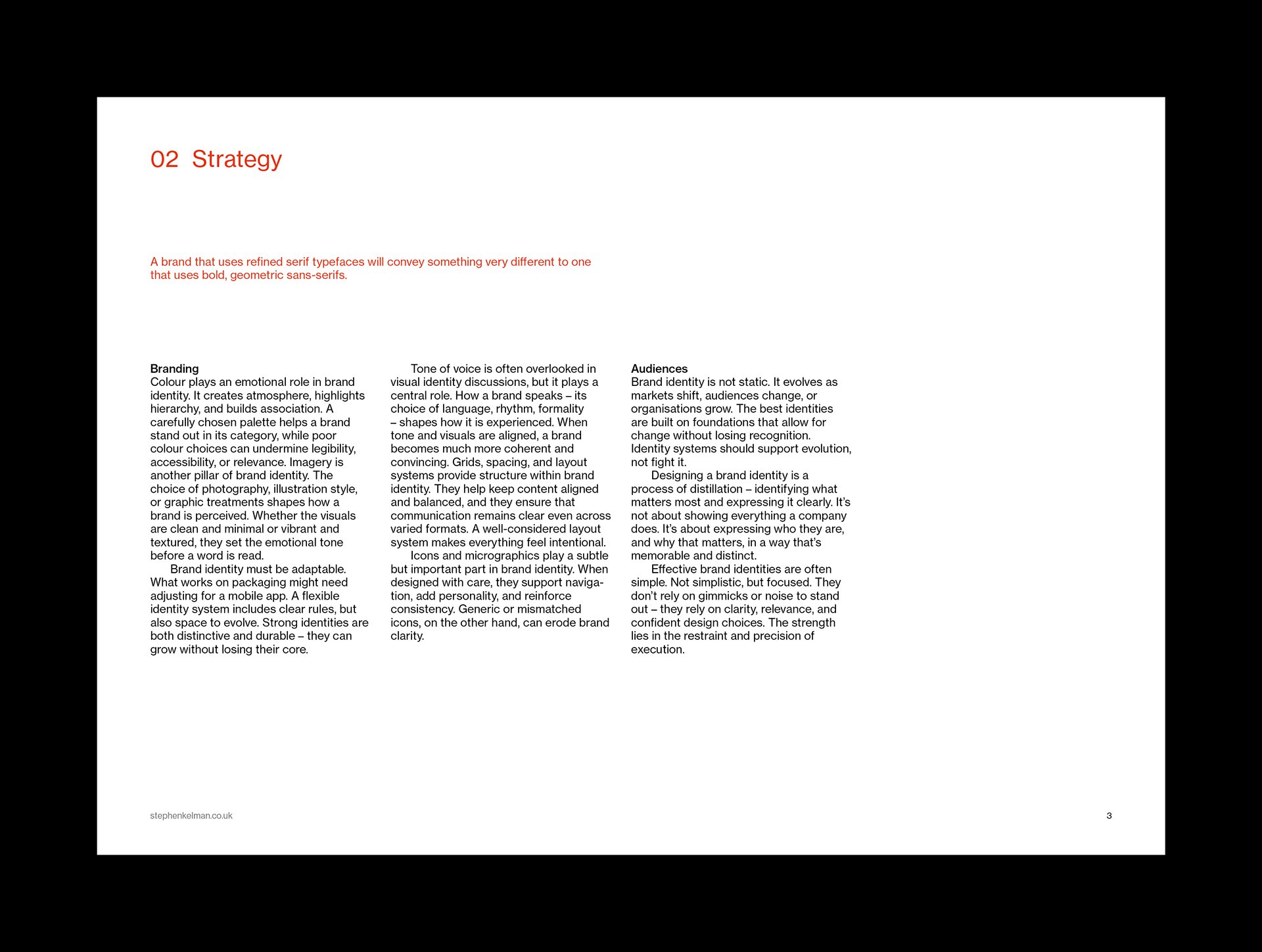 Strategy page setting branding, tone of voice and audience guidance in three text columns