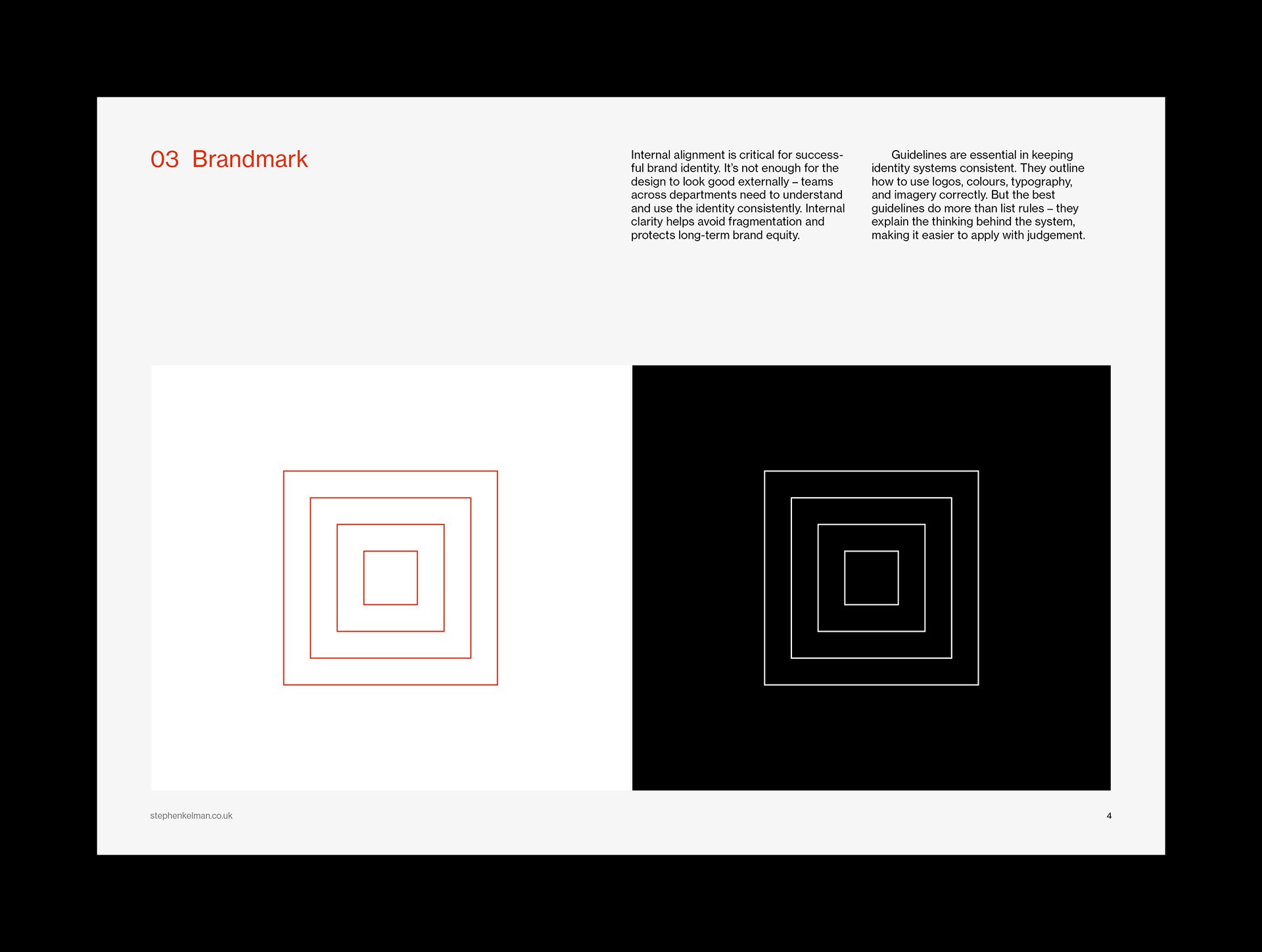 Brandmark page presenting the concentric-square symbol in red on white and white on black