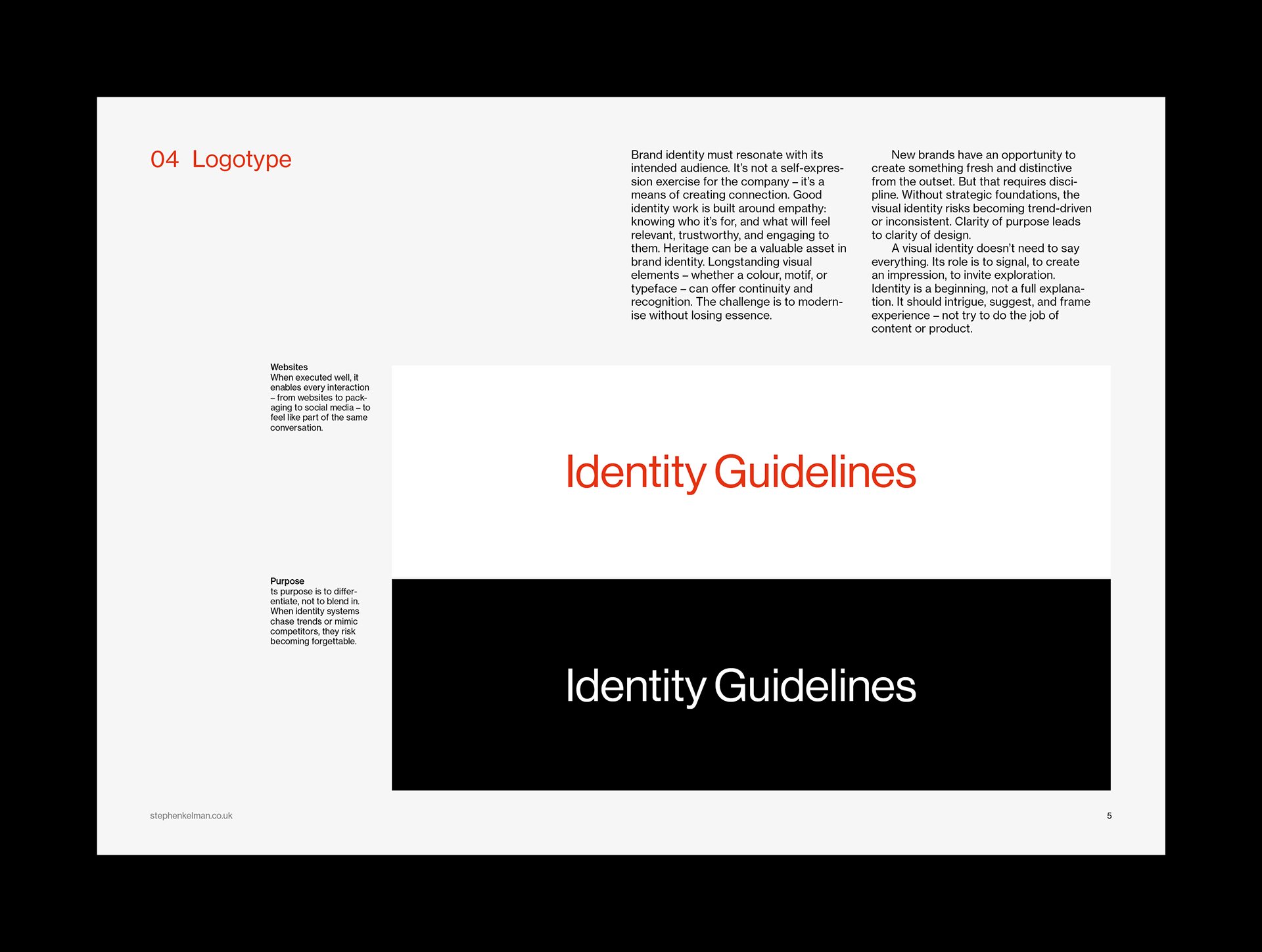 Logotype page with the red Identity Guidelines wordmark shown positive and reversed on black