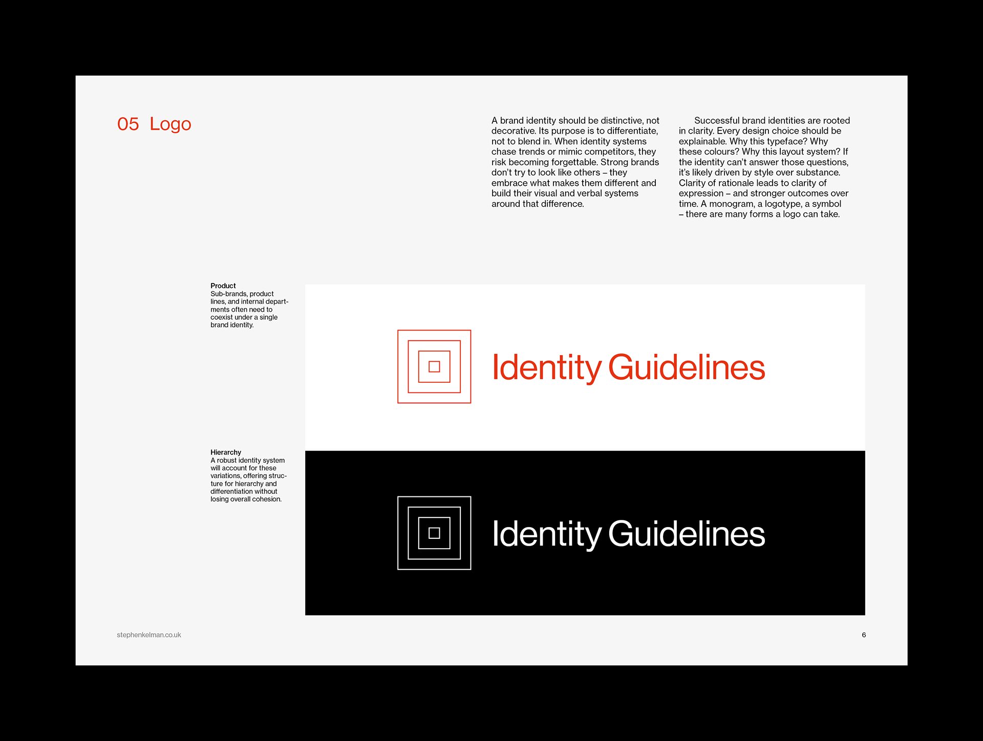 Logo page pairing symbol and wordmark lockups on white and black panels with margin notes