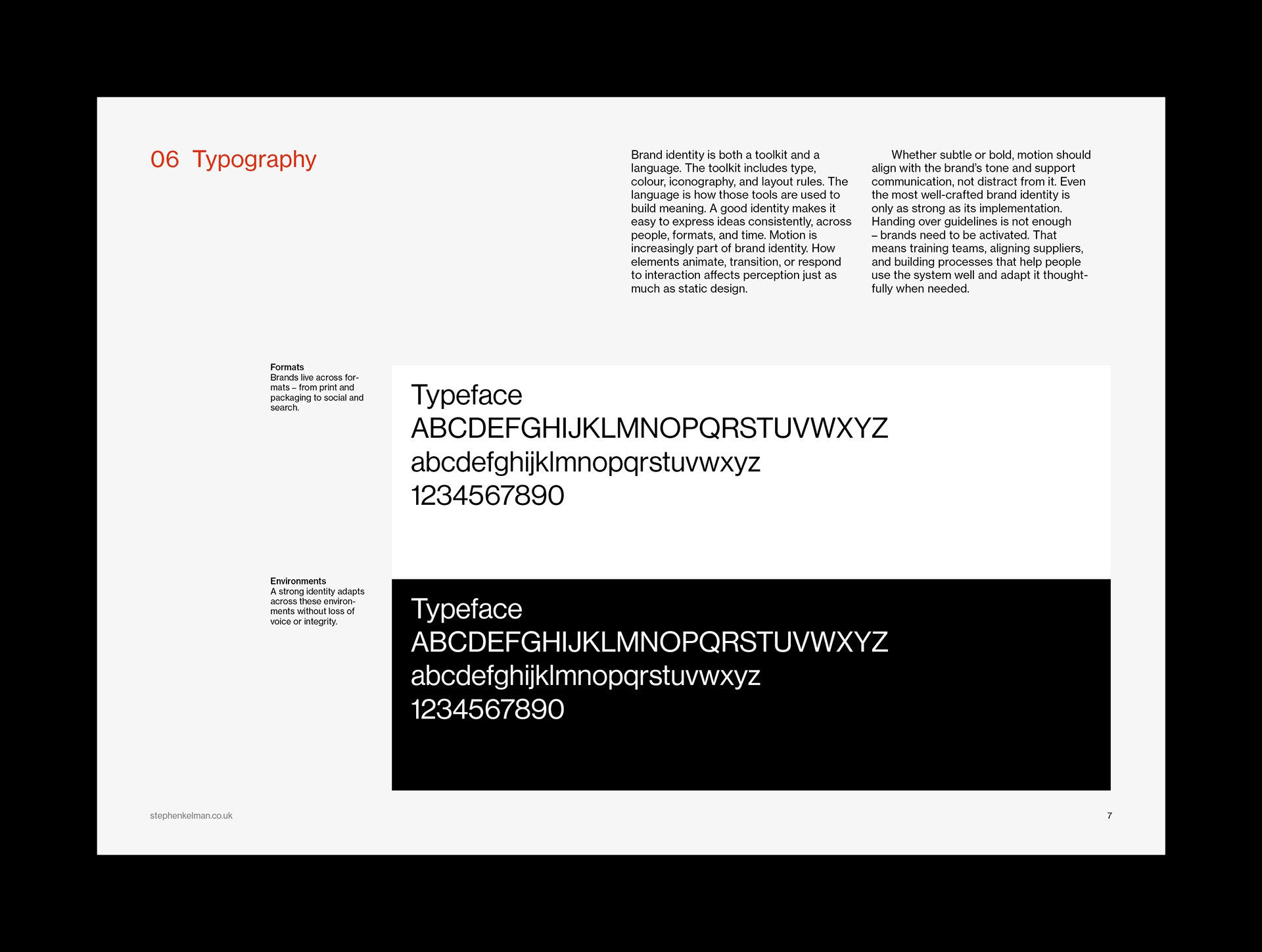 Typography page with full alphabet and numeral specimens on white and black grounds