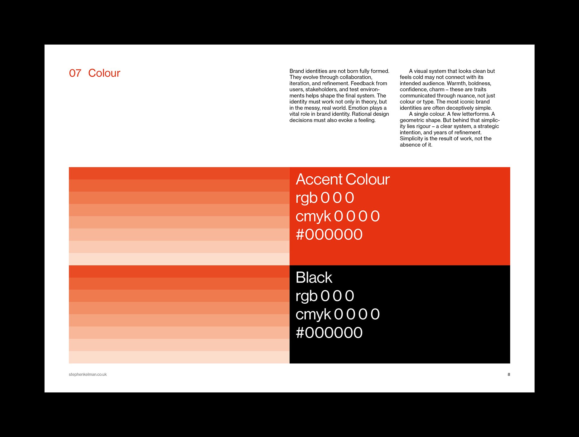 Colour page showing red and black tint ladders with rgb, cmyk and hex value placeholders