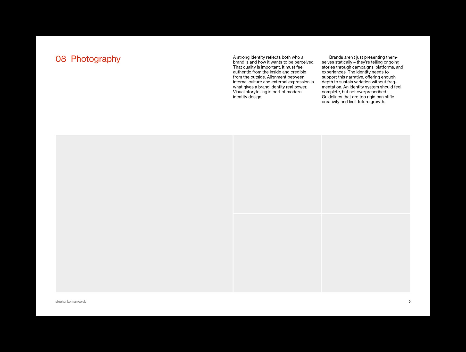 Photography page with three-cell image grid placeholders and columns of guidance copy