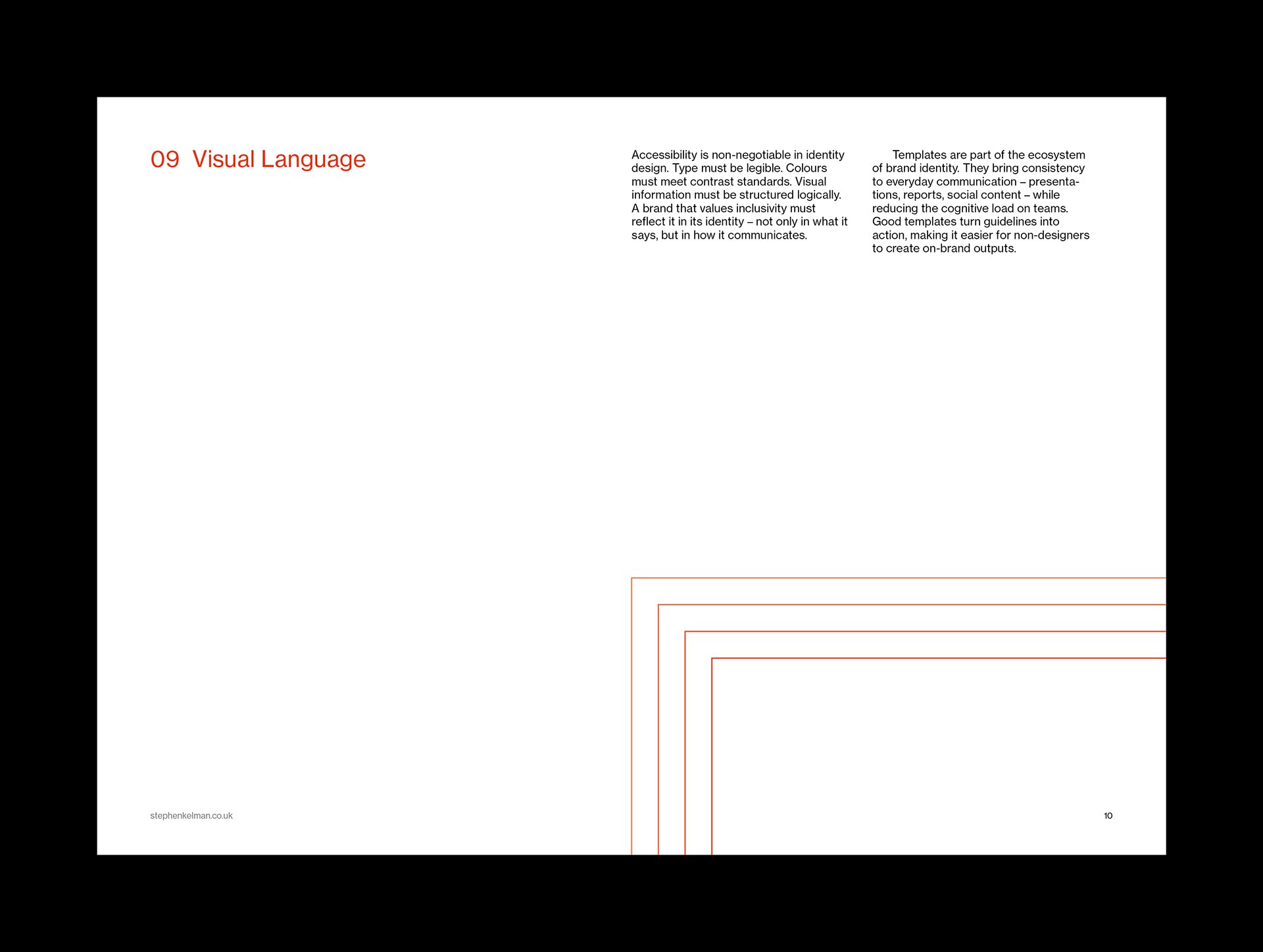 Visual language page on accessibility and templates, framed by red corner rules