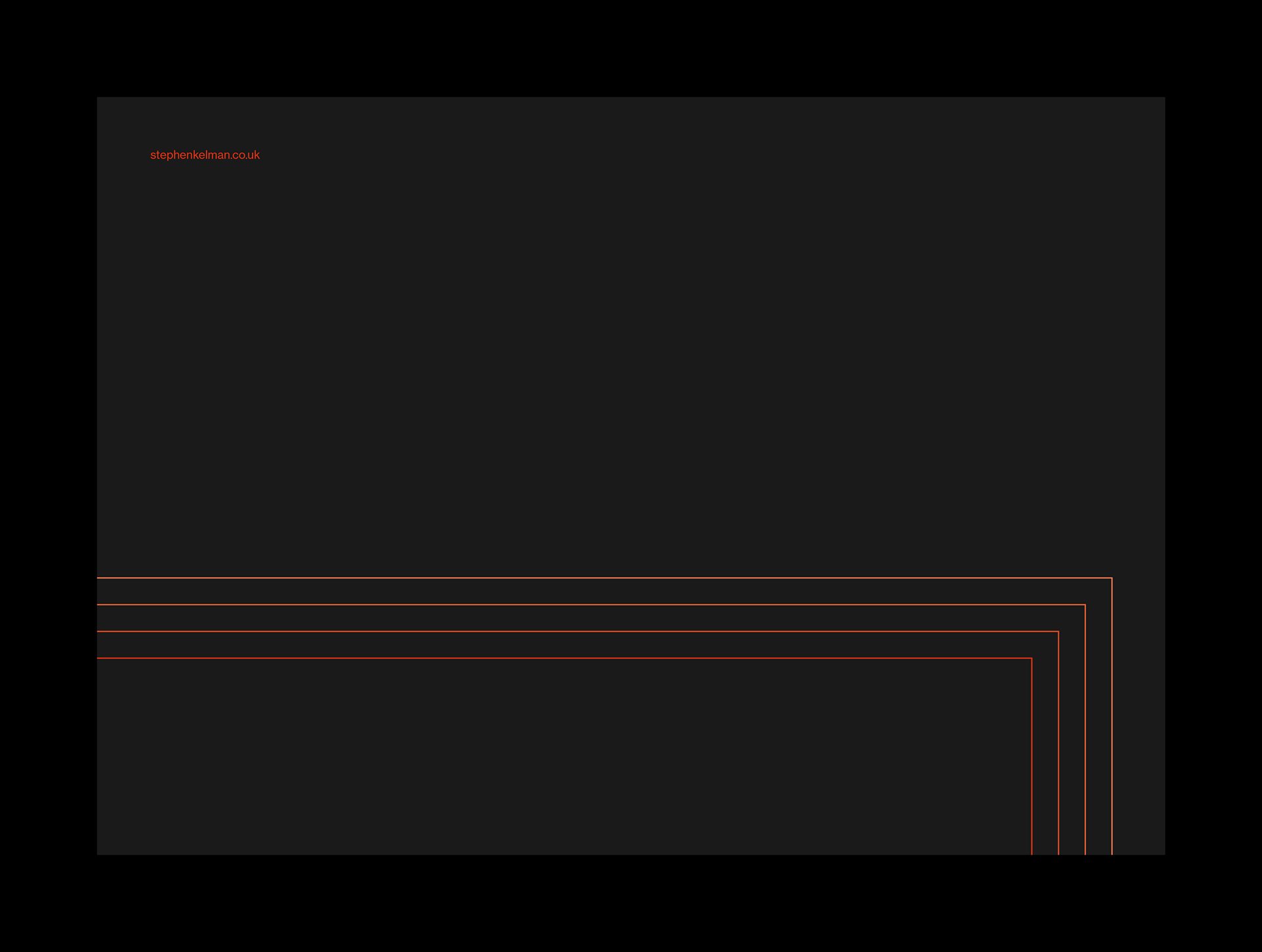 Charcoal back cover with nested red corner rules and a small website URL
