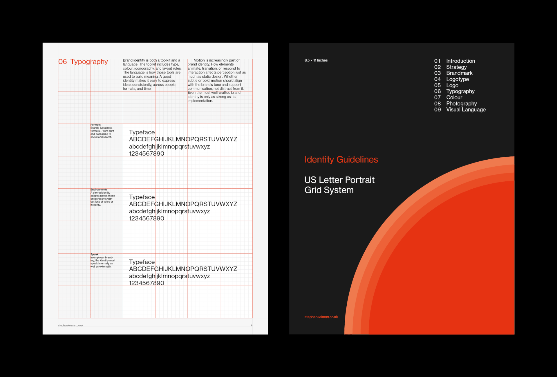 Brand Identity Guidelines Grid System – Letter Portrait cover with contents list and red concentric-circle motif.