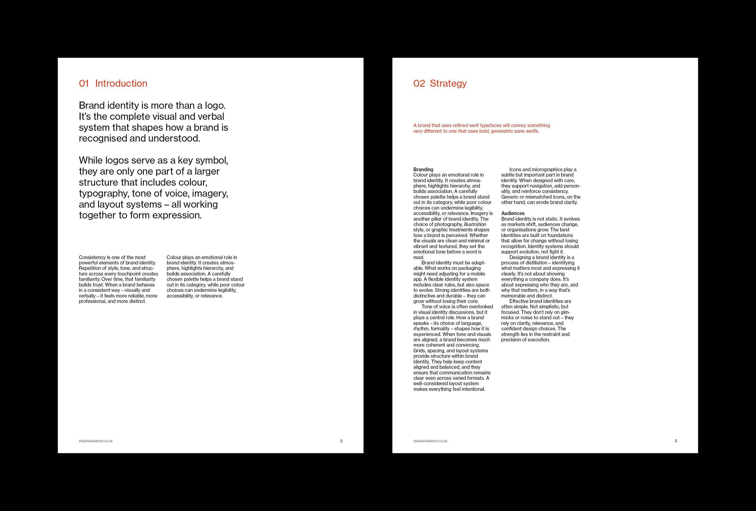 Introduction and Strategy pages set in two text columns with red section headings on white.