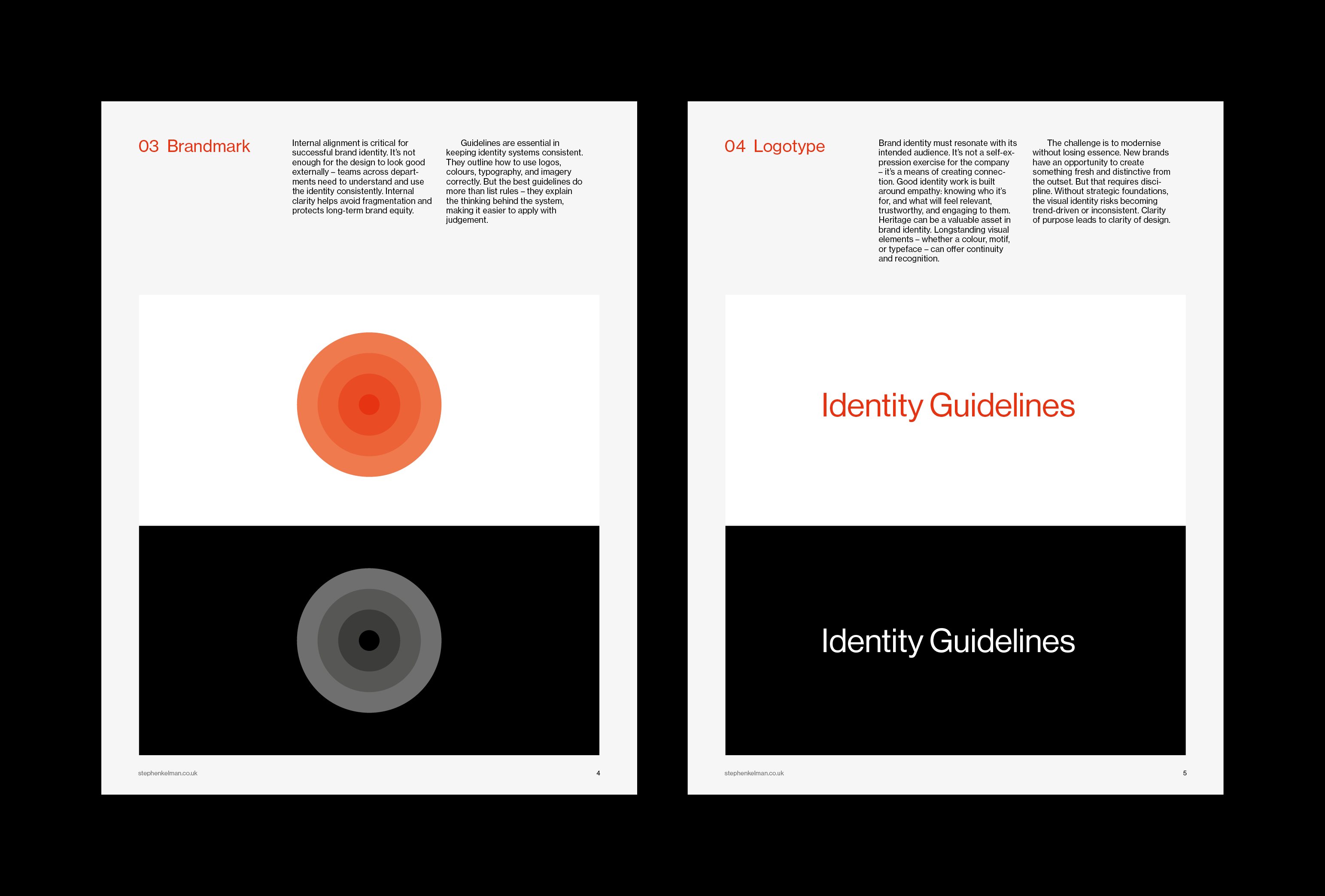 Brandmark and Logotype pages showing concentric-circle marks and the wordmark on white and black panels.