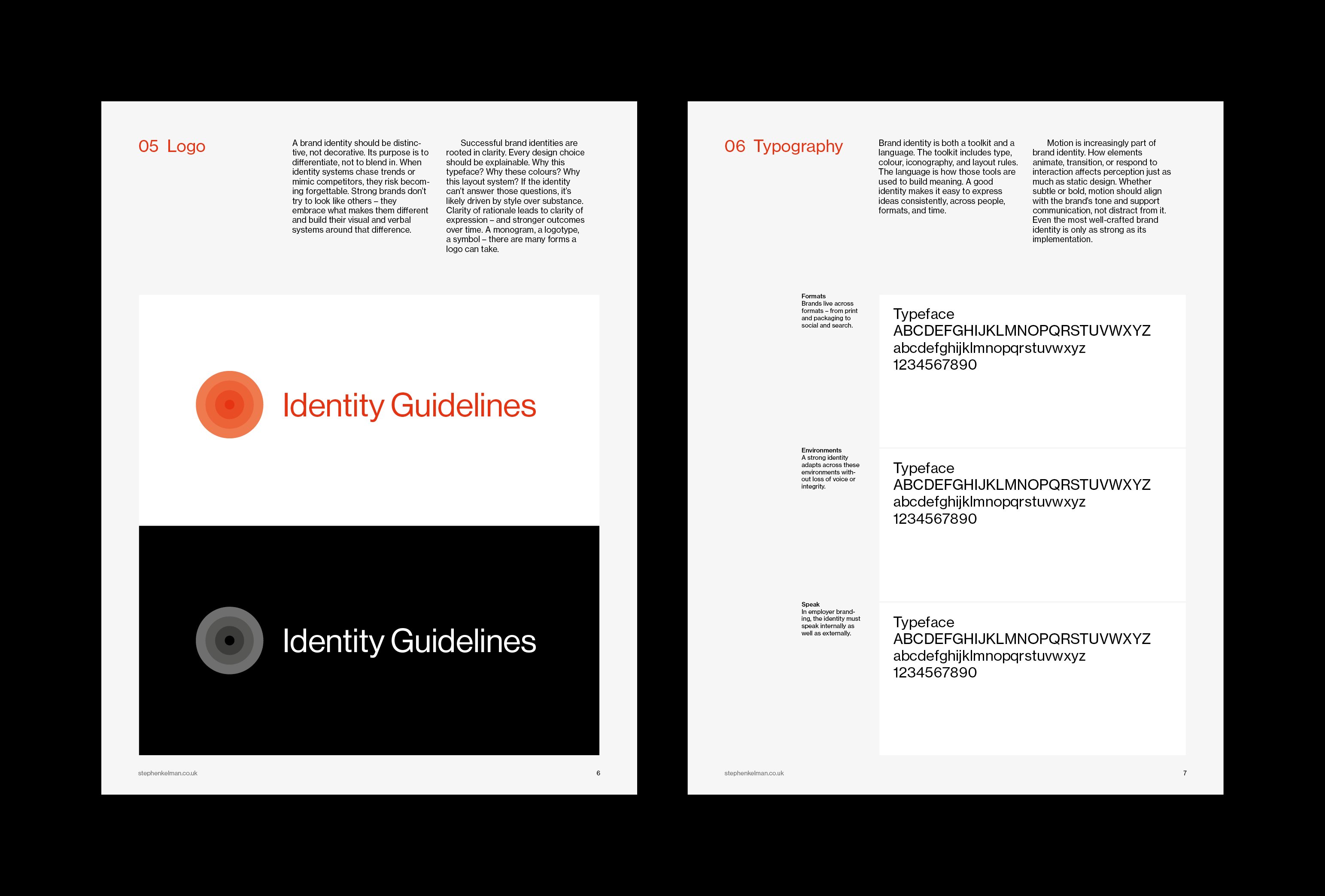 Logo lockups on light and dark grounds beside a typography page with alphabet specimens at three sizes.
