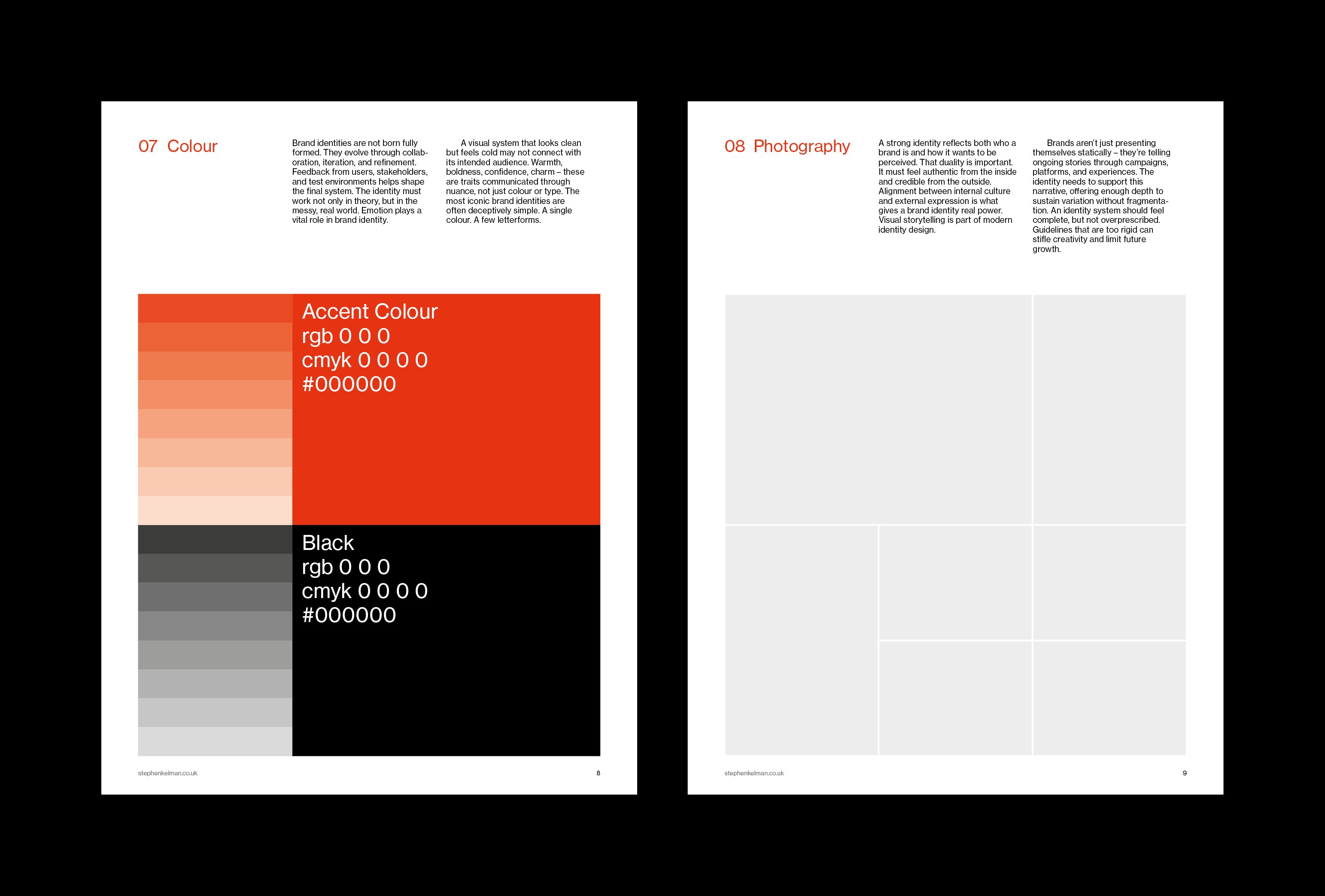 Colour page with red and black tint scales and colour values, facing an empty photography image grid.