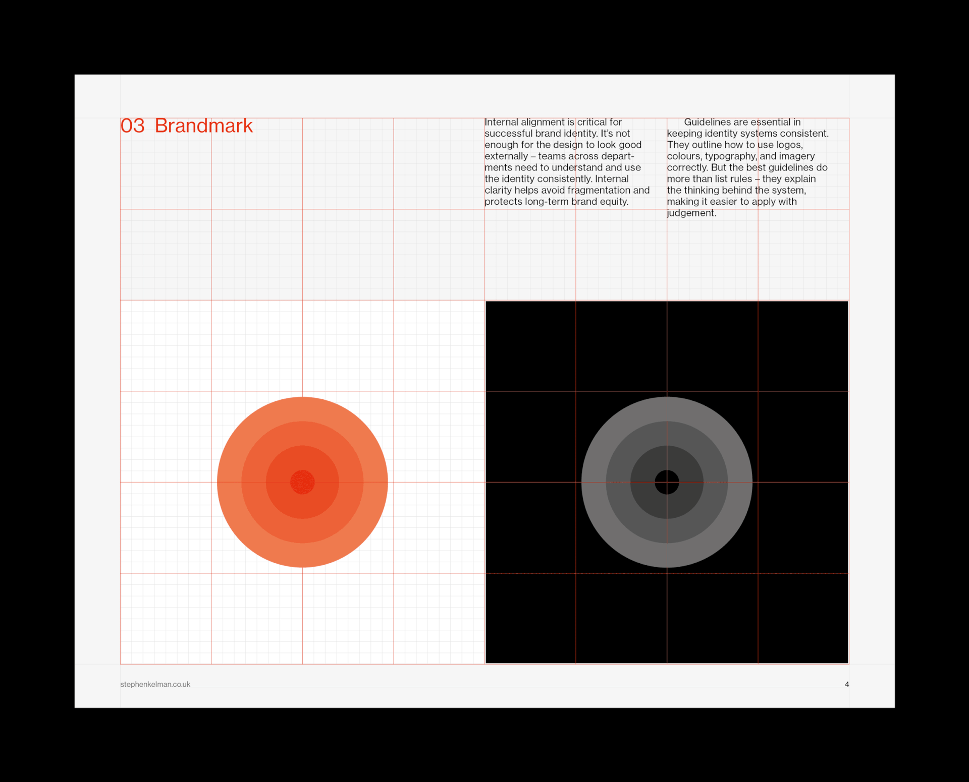 Branding Guidelines Grid System – US Letter Landscape spread with the 48-field modular grid overlaid in red.