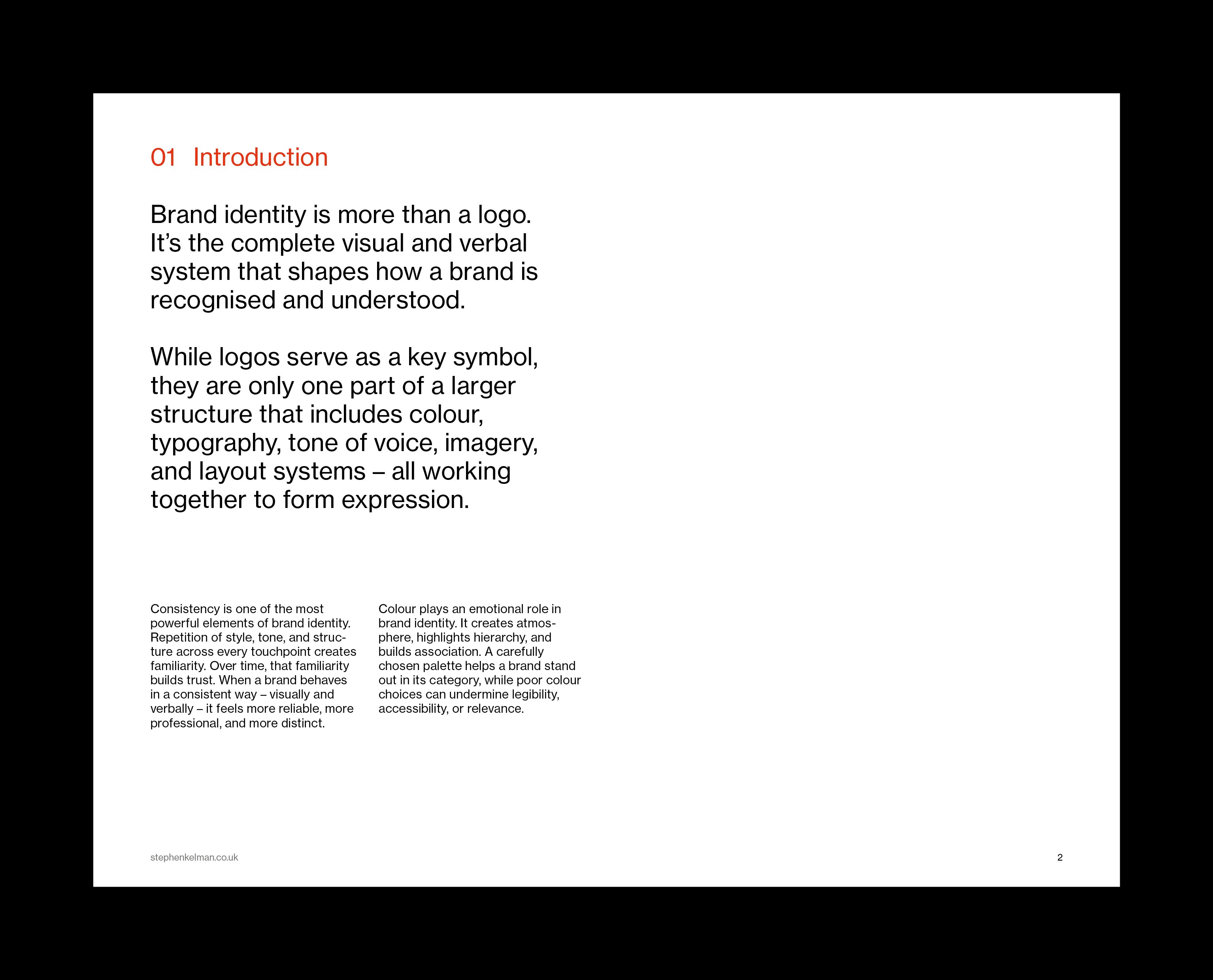Introduction page pairing a bold brand-identity statement with two columns of supporting text.