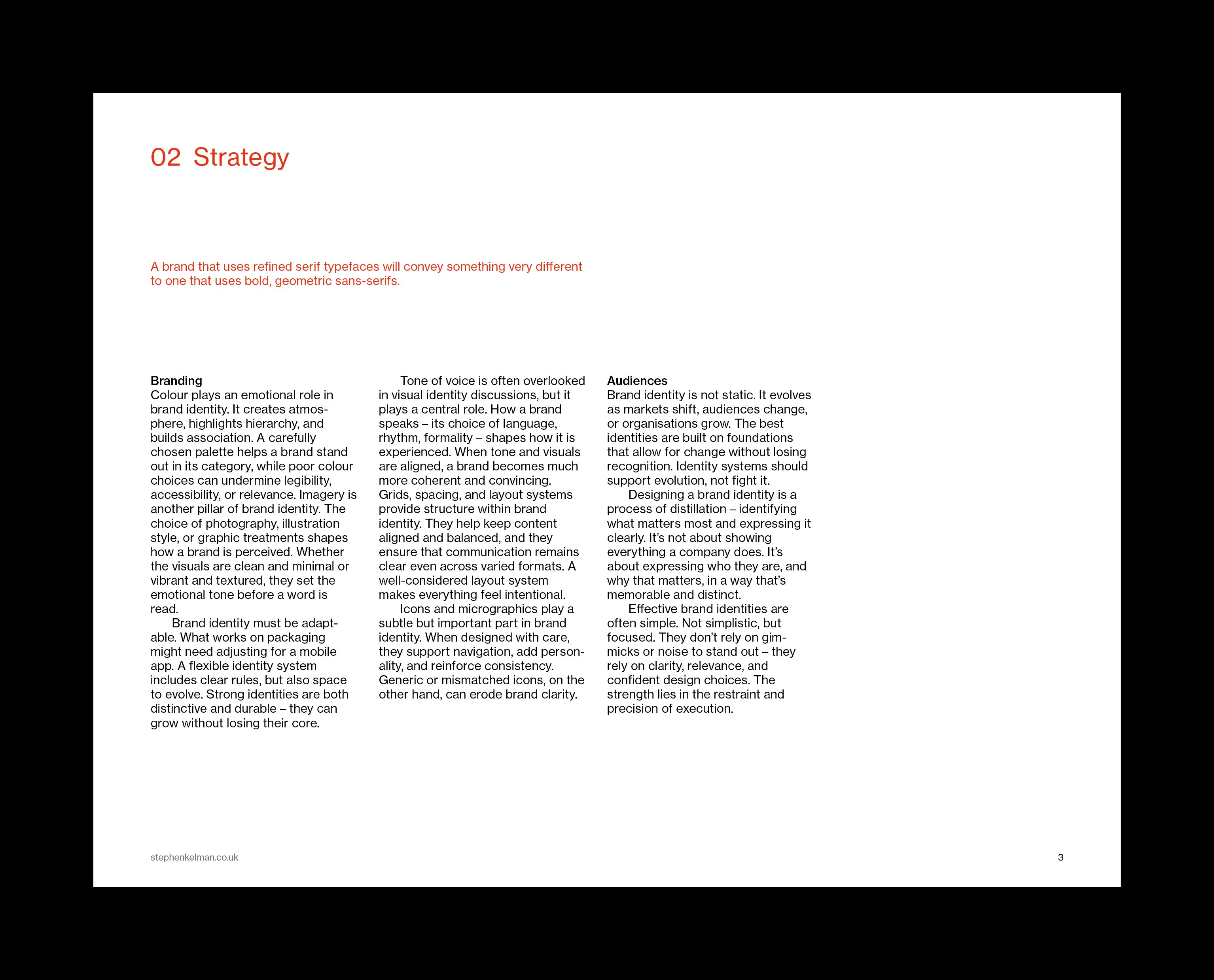 Strategy page set in three justified text columns beneath a red pull-out line.