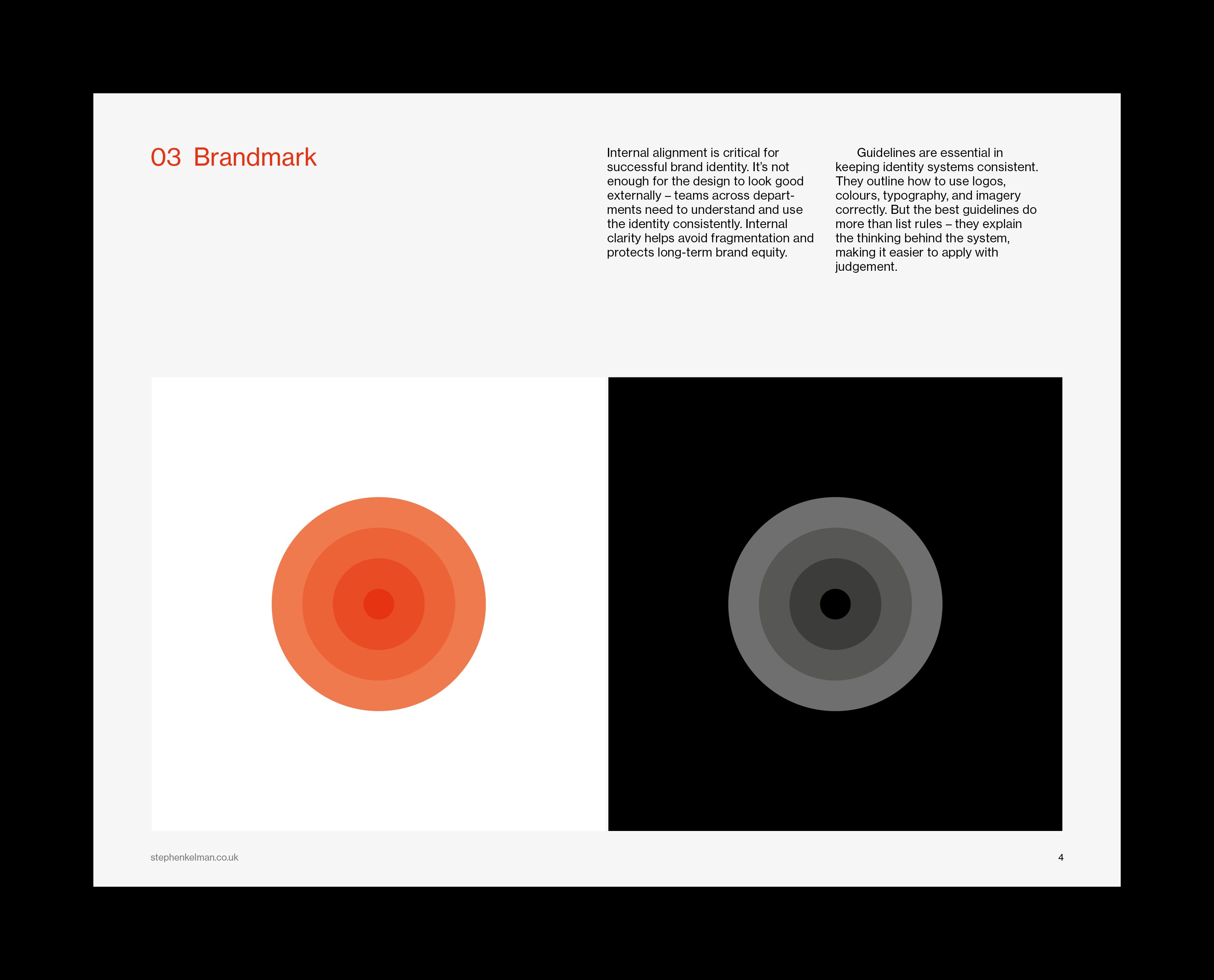 Brandmark spread with orange and grey concentric-circle marks on facing white and black halves.