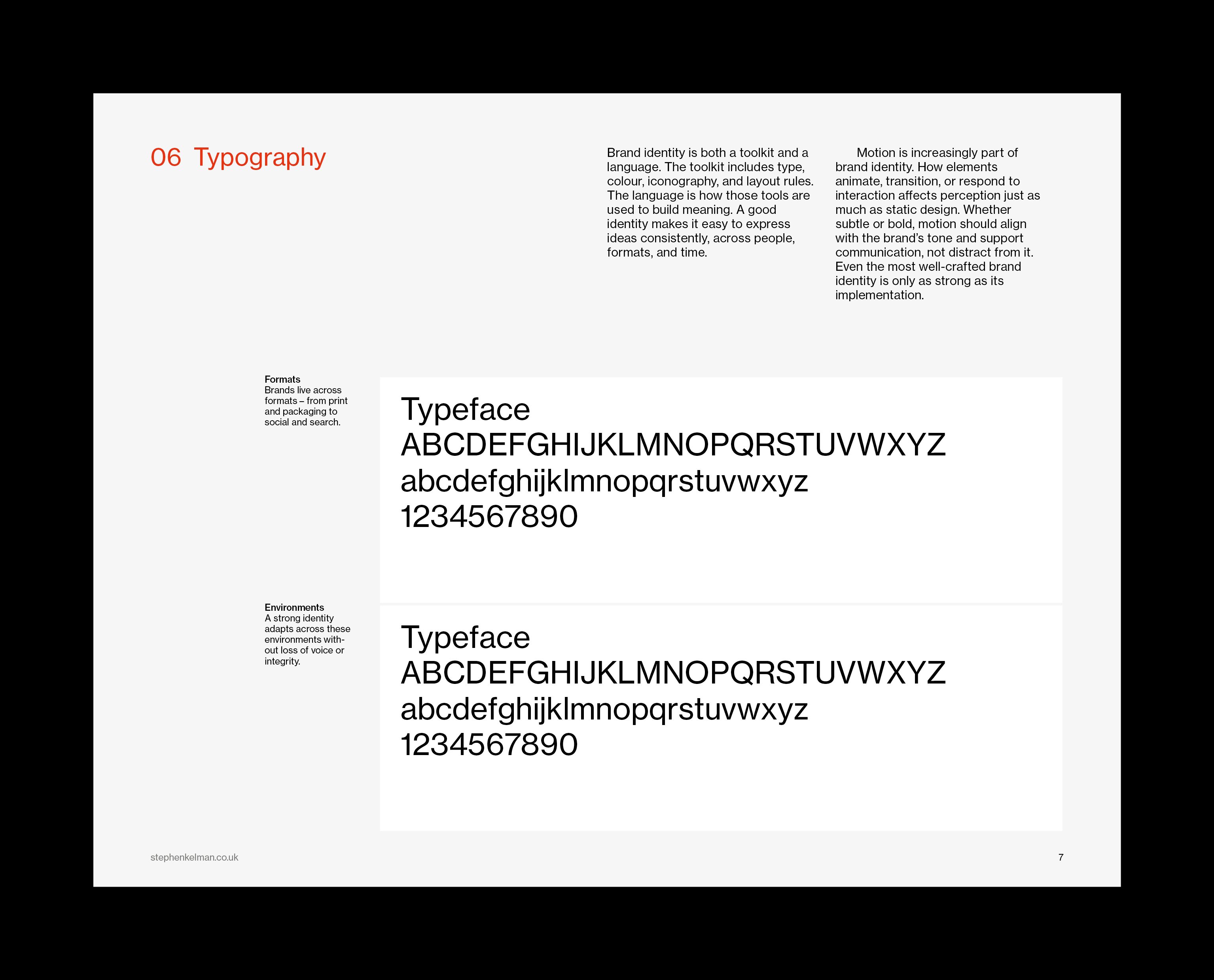 Typography page with two alphabet specimens annotated for formats and environments.