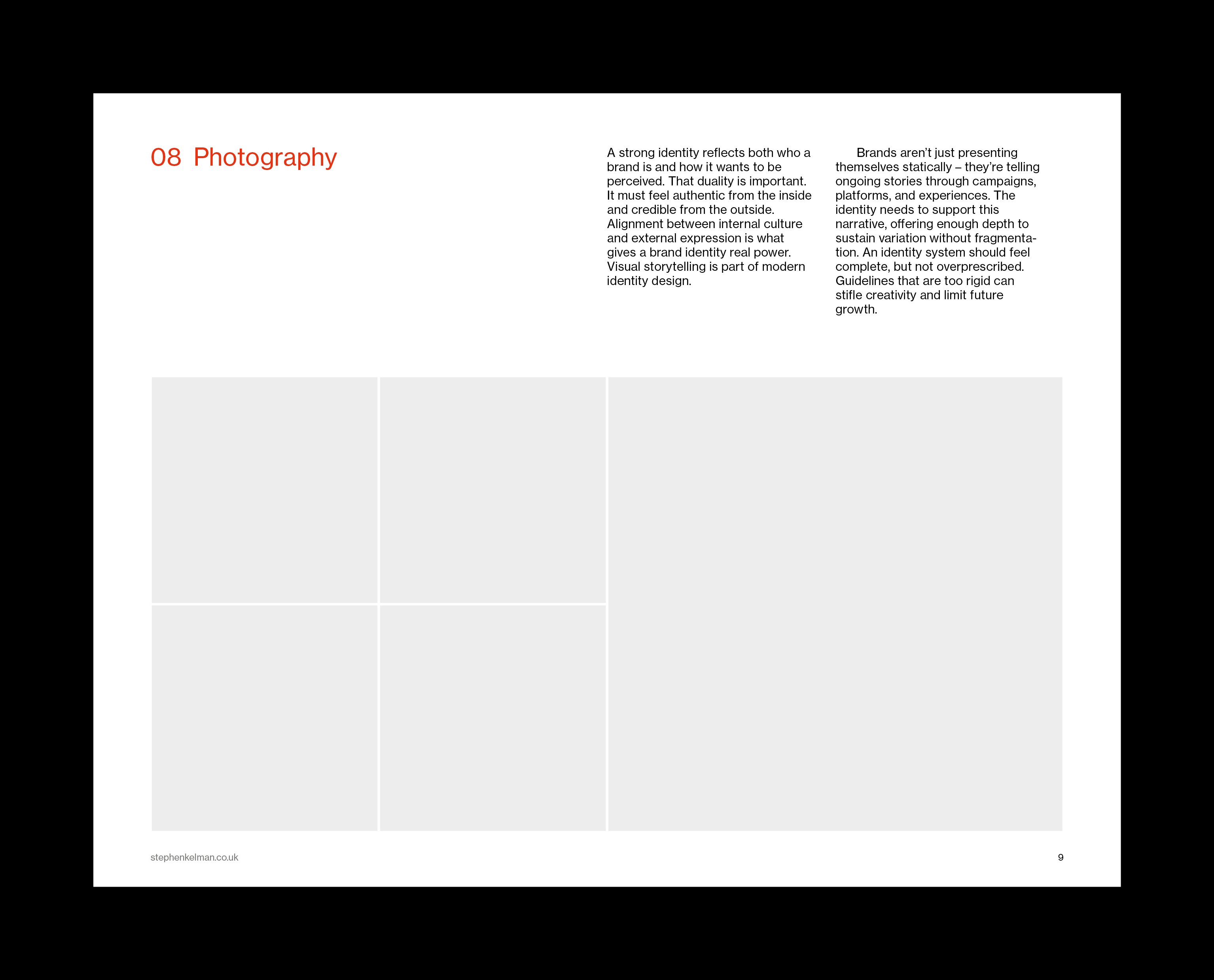 Photography section with a four-frame placeholder image grid.