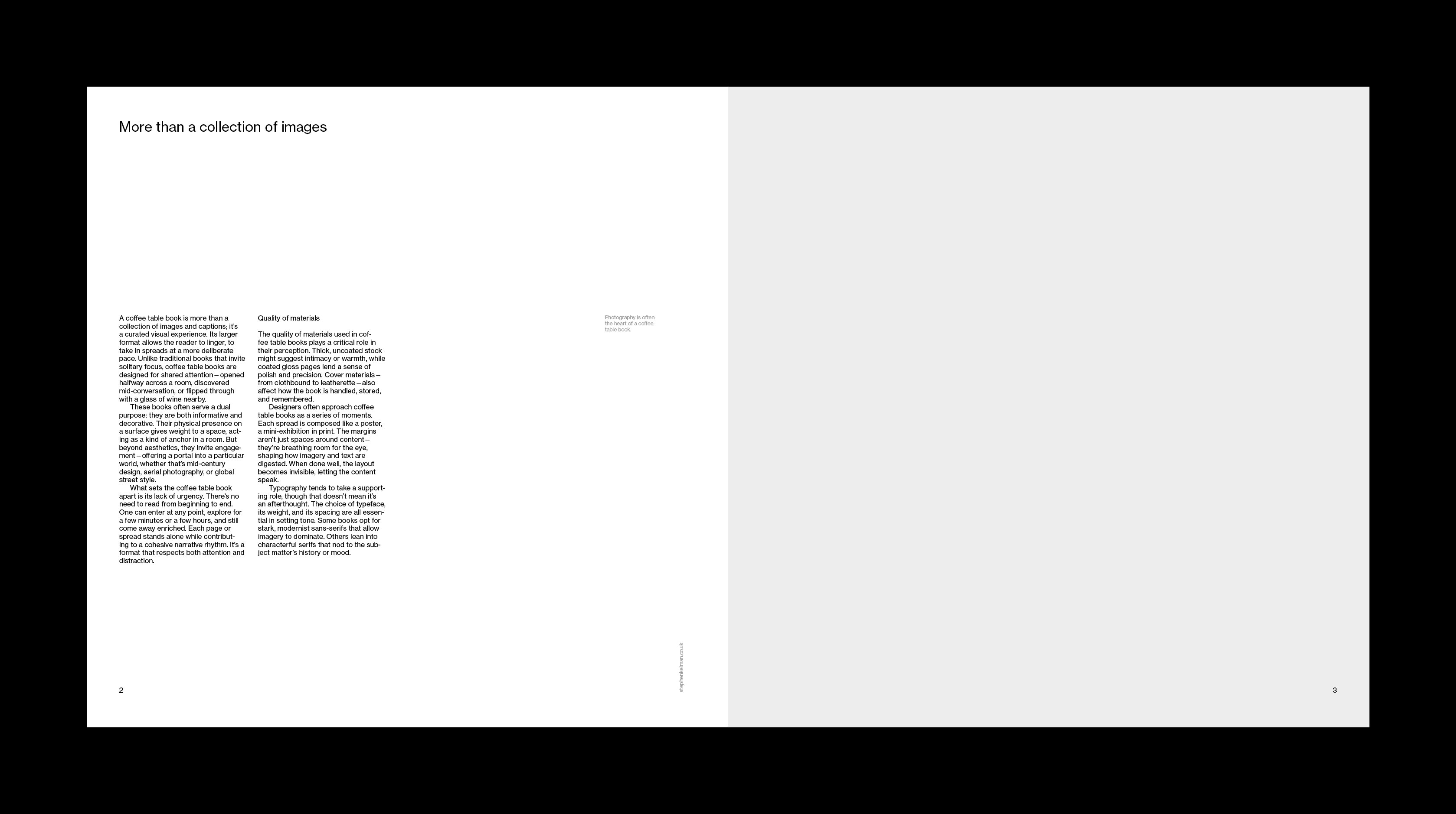 Double page spread of a brochure with grey box for image on the right and two columns of text on left