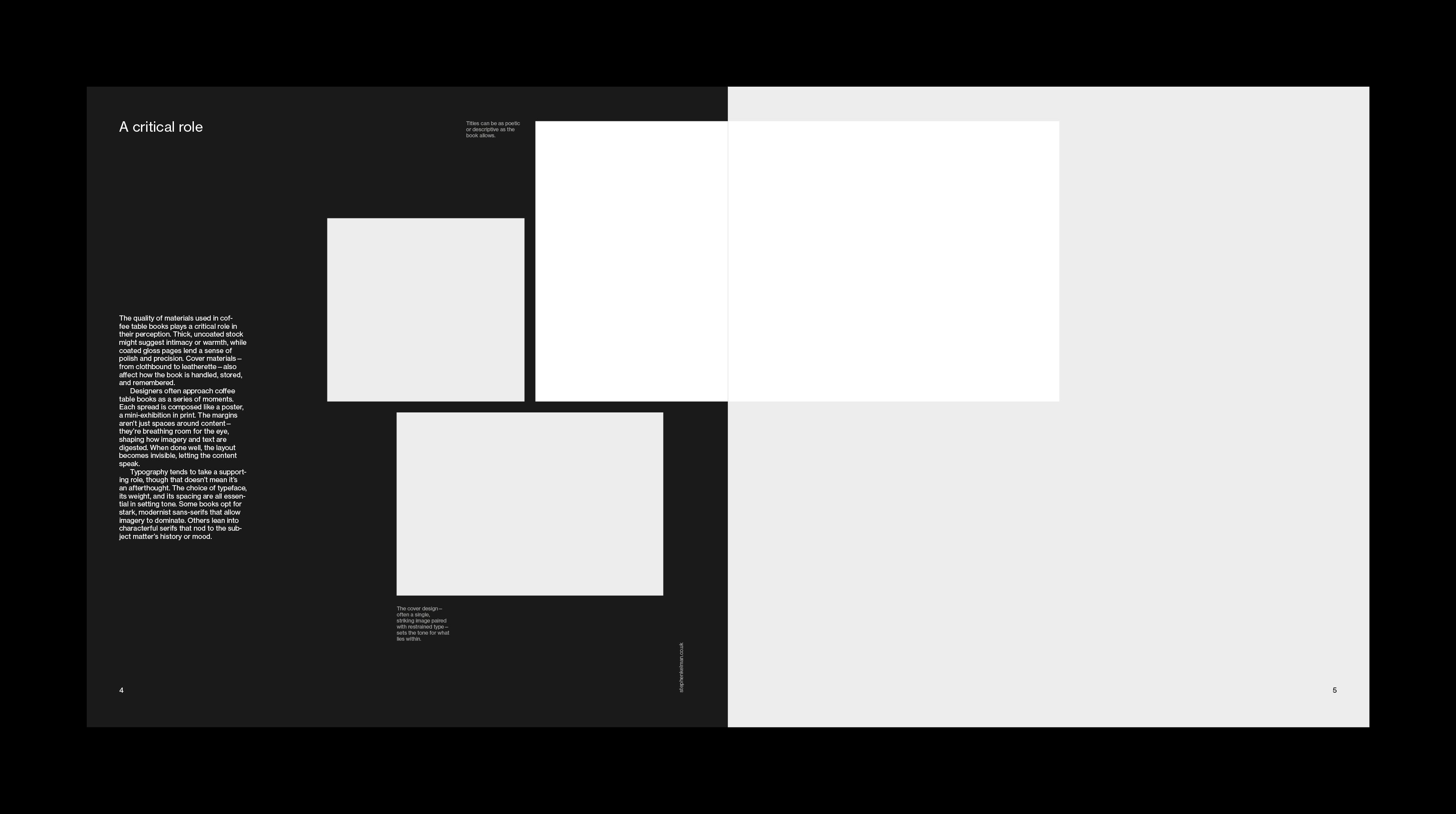 Minimalist magazine spread with asymmetrical black and white layout, featuring image placeholders and body text on left page.