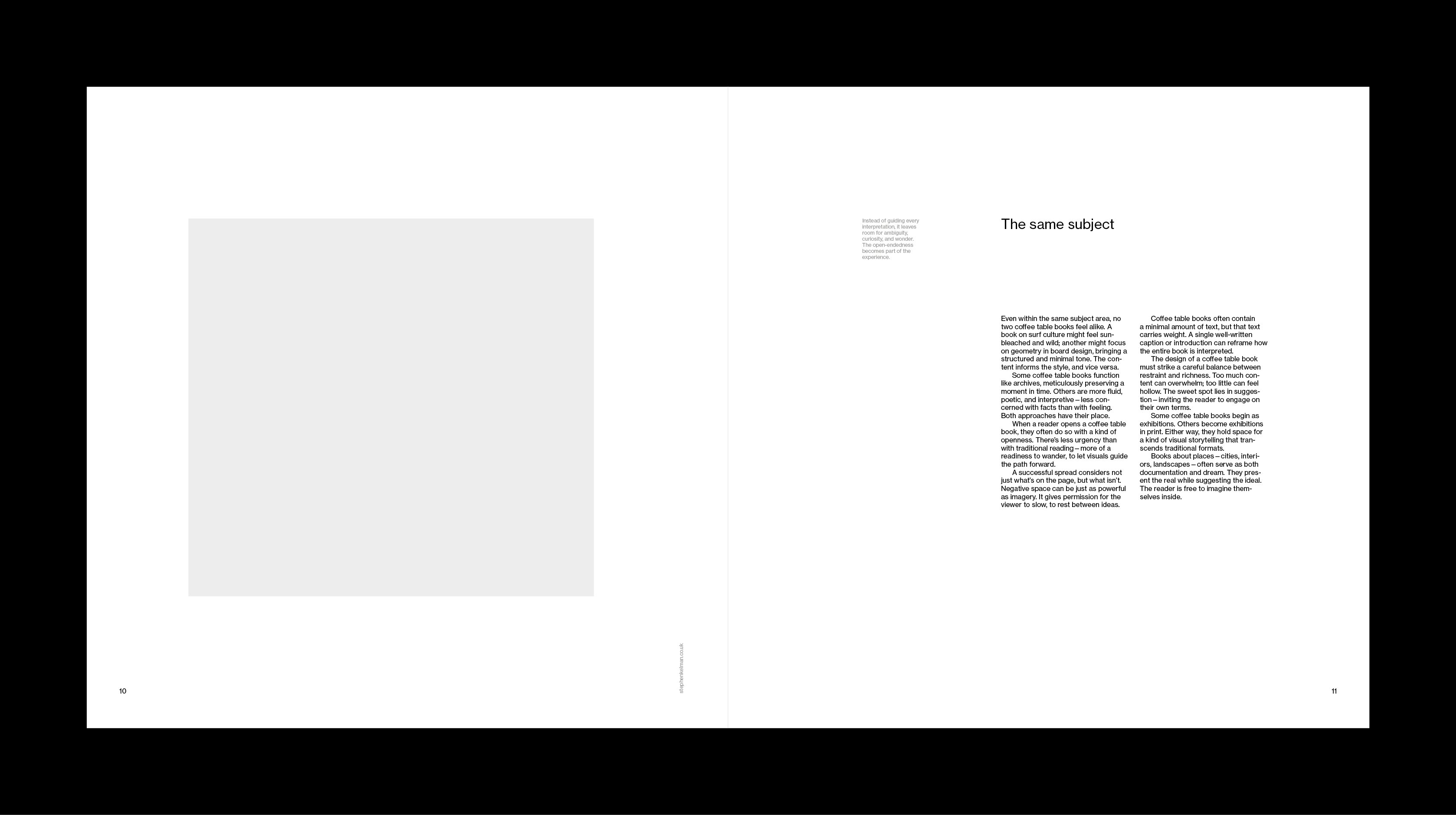 White magazine spread with large image placeholder on the left and multi-column text layout on the right, titled ‘The same subject’.