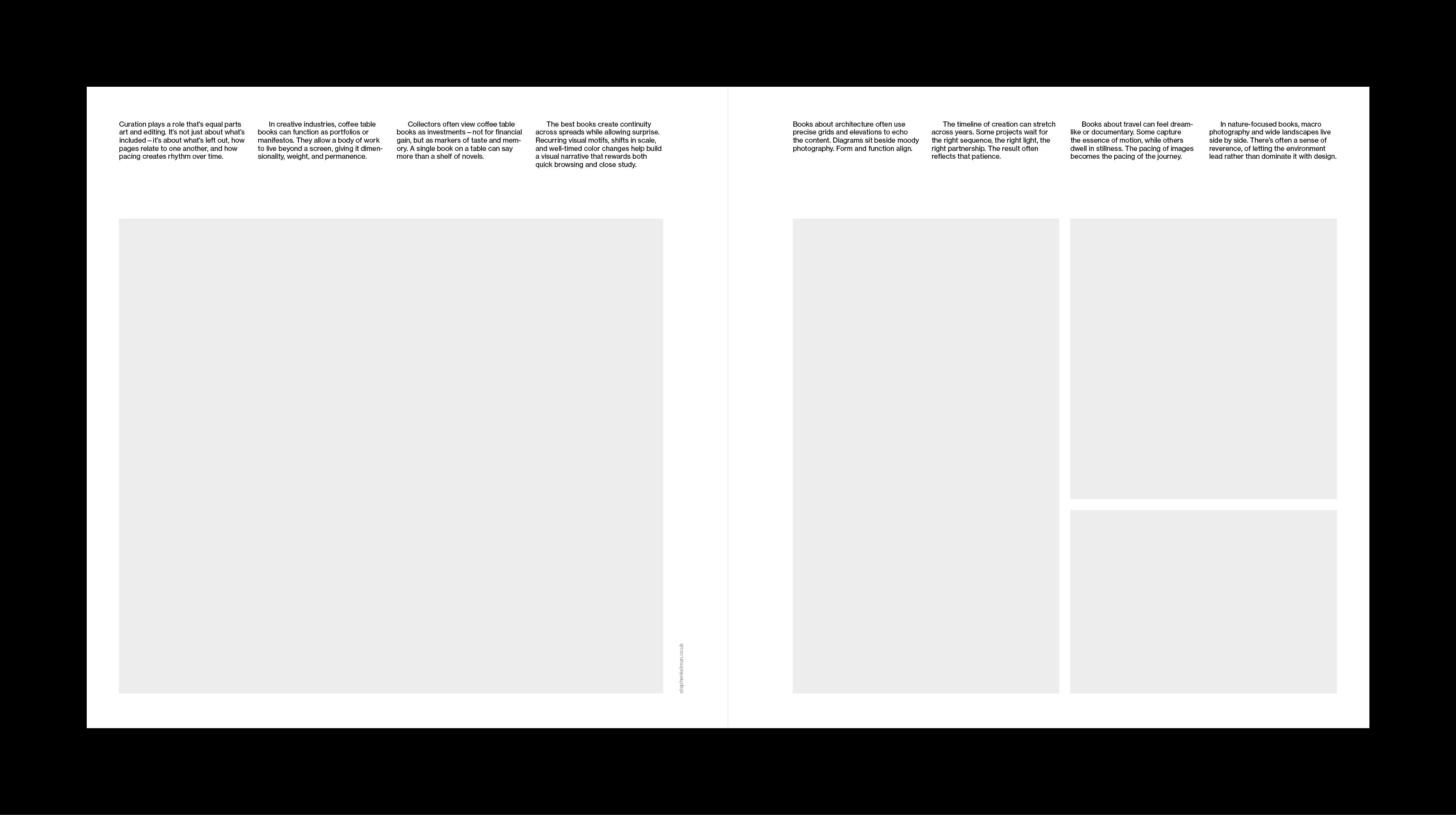 Book spread with multiple image placeholders and short paragraphs of text running along the top of each page.