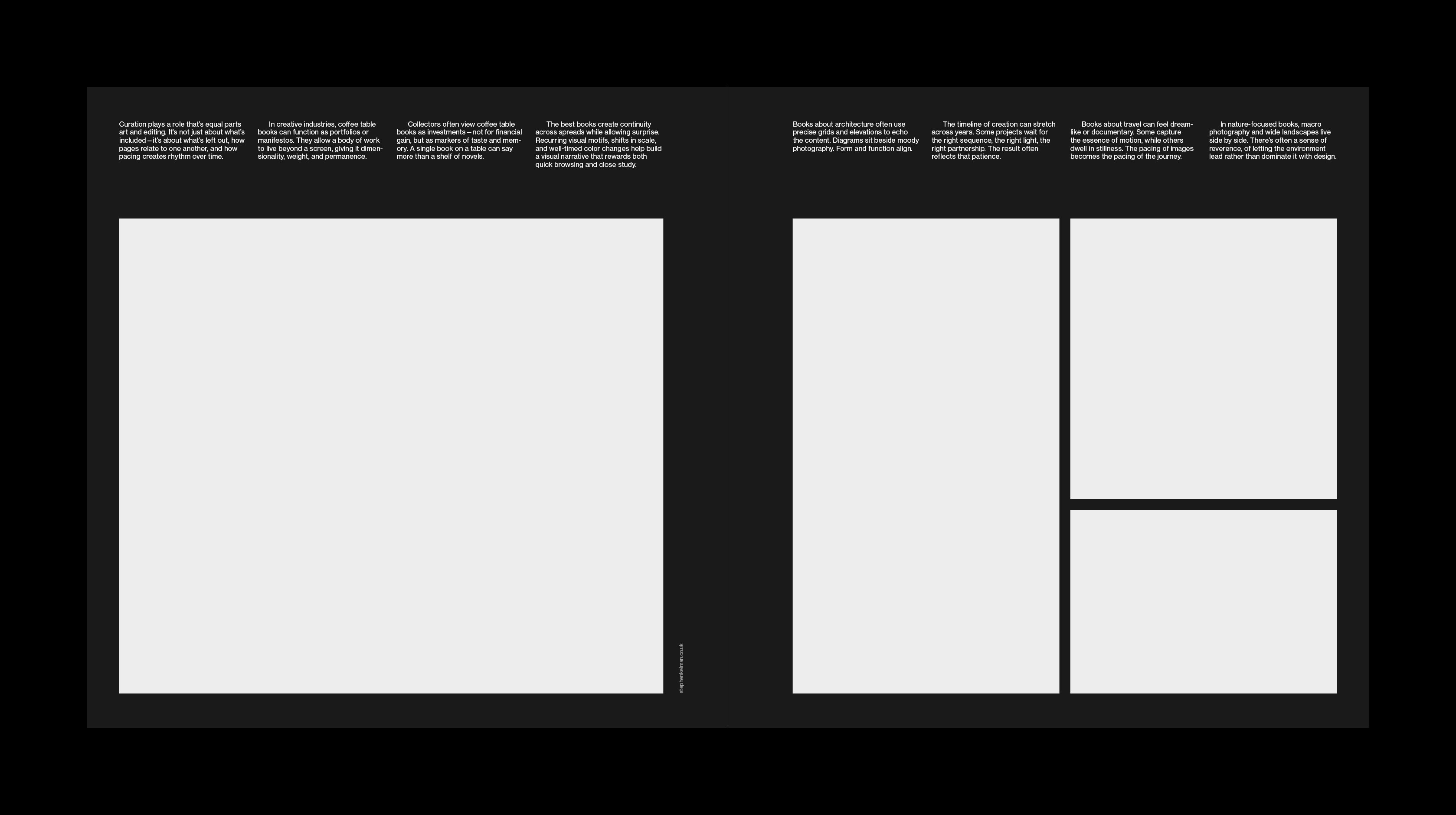 Dark book spread with a large image placeholder on the left and three stacked placeholders on the right, with short blocks of text along the top.
