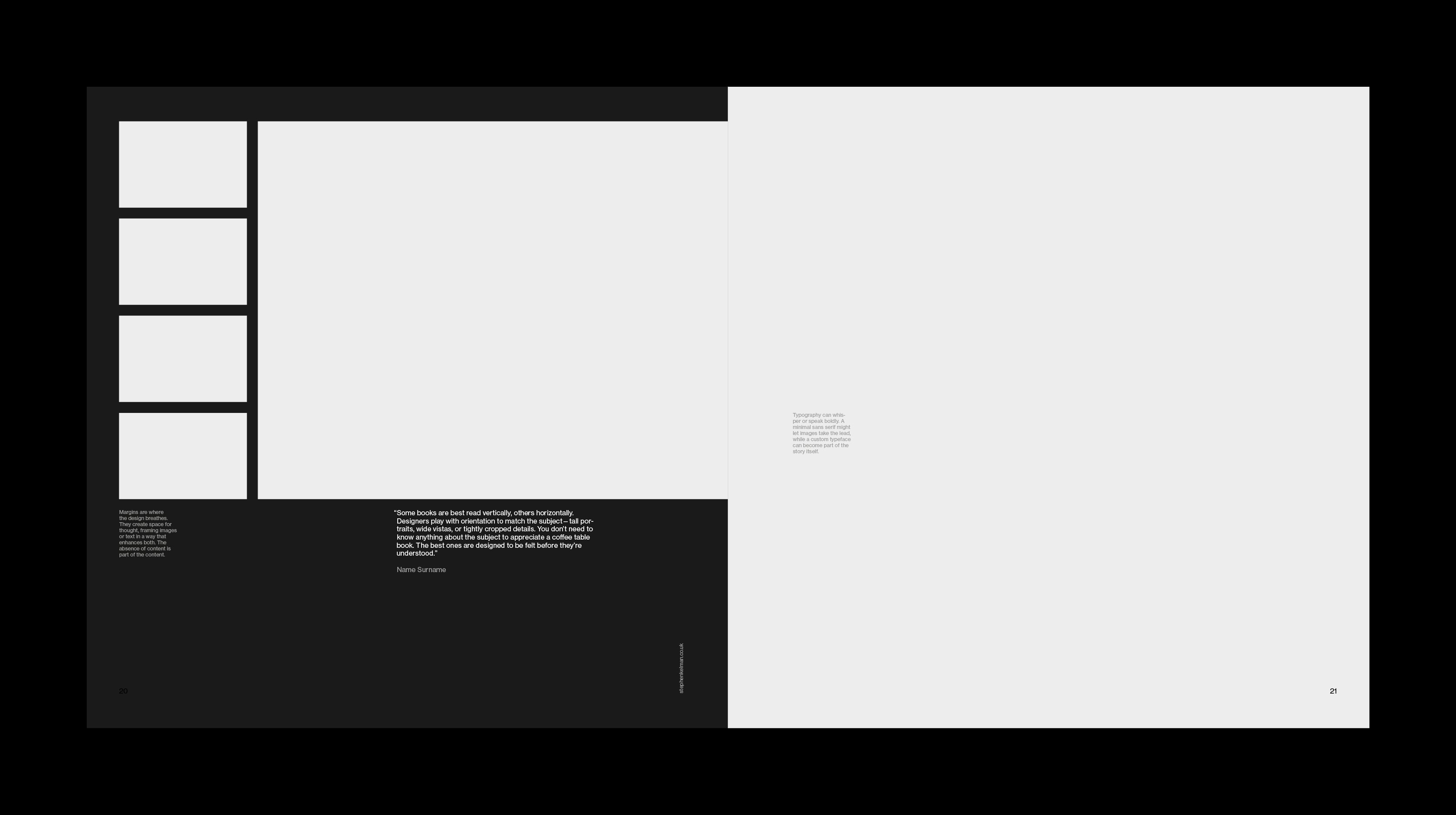 Dark and light magazine spread with four stacked image placeholders on the left, a large horizontal placeholder, and a full-page image placeholder on the right, with small text blocks and a quote.