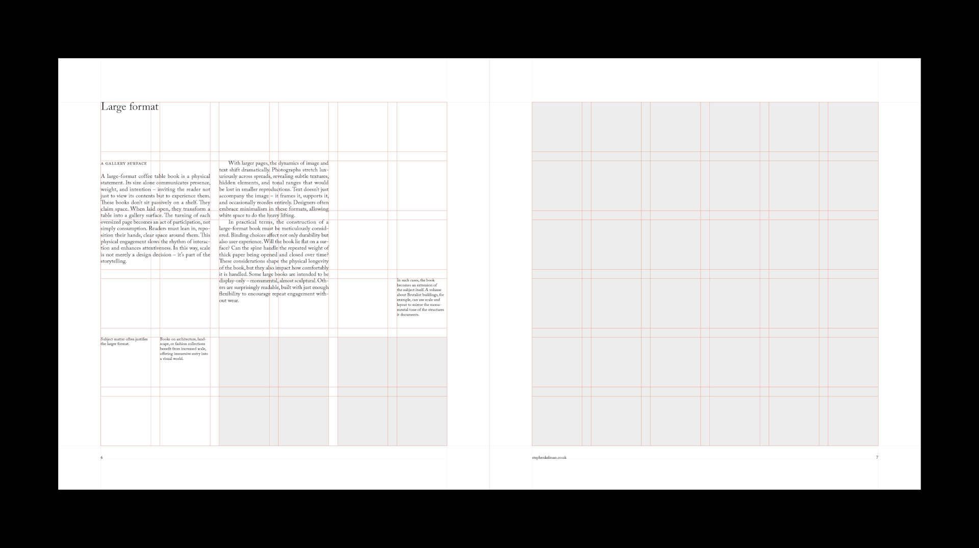 Coffee Table Book Grid System for InDesign | Serif spread with the red modular grid overlaid on both square pages.