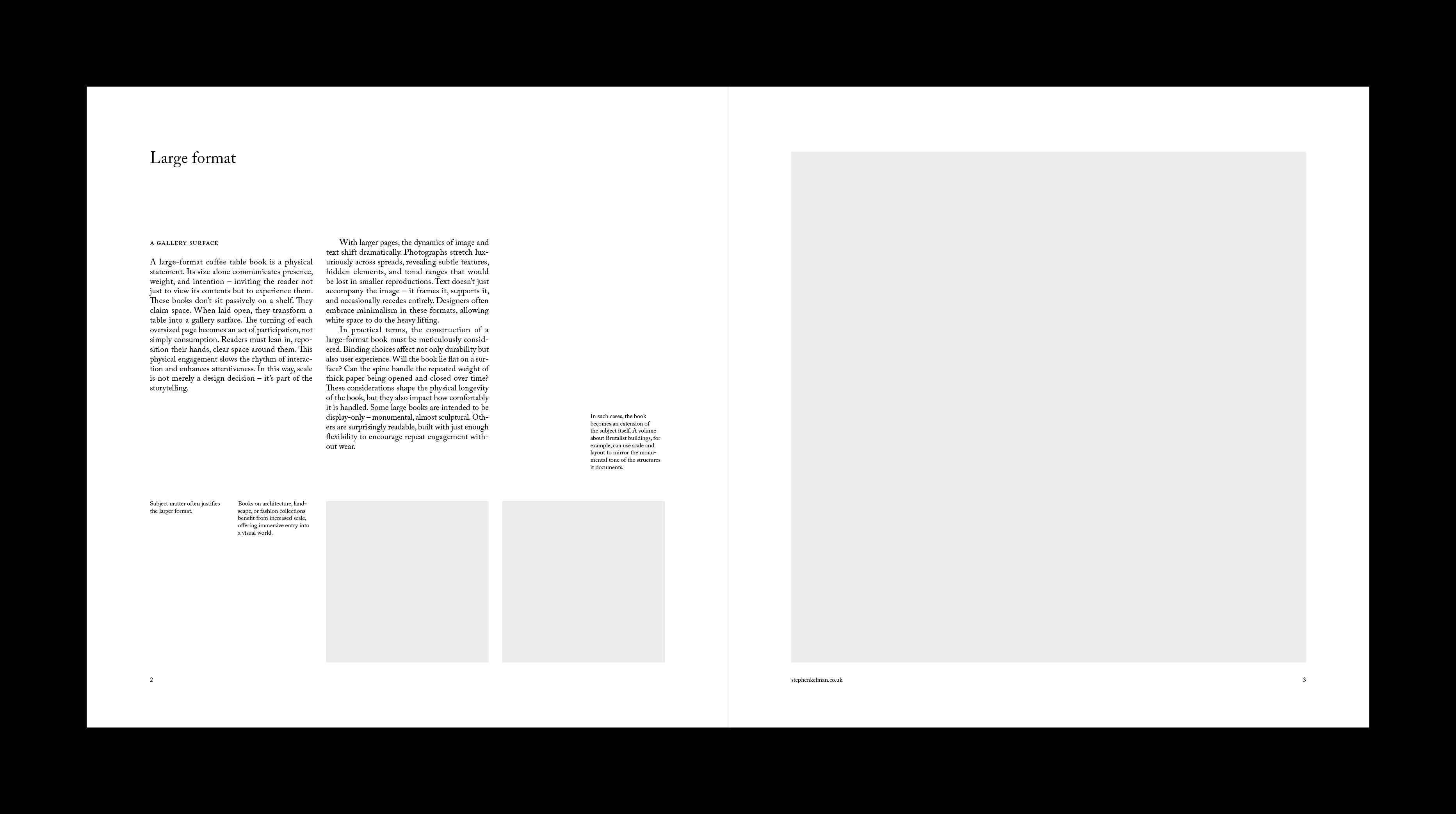 Large-format book spread with wide margins giving serif columns and image plates room to breathe