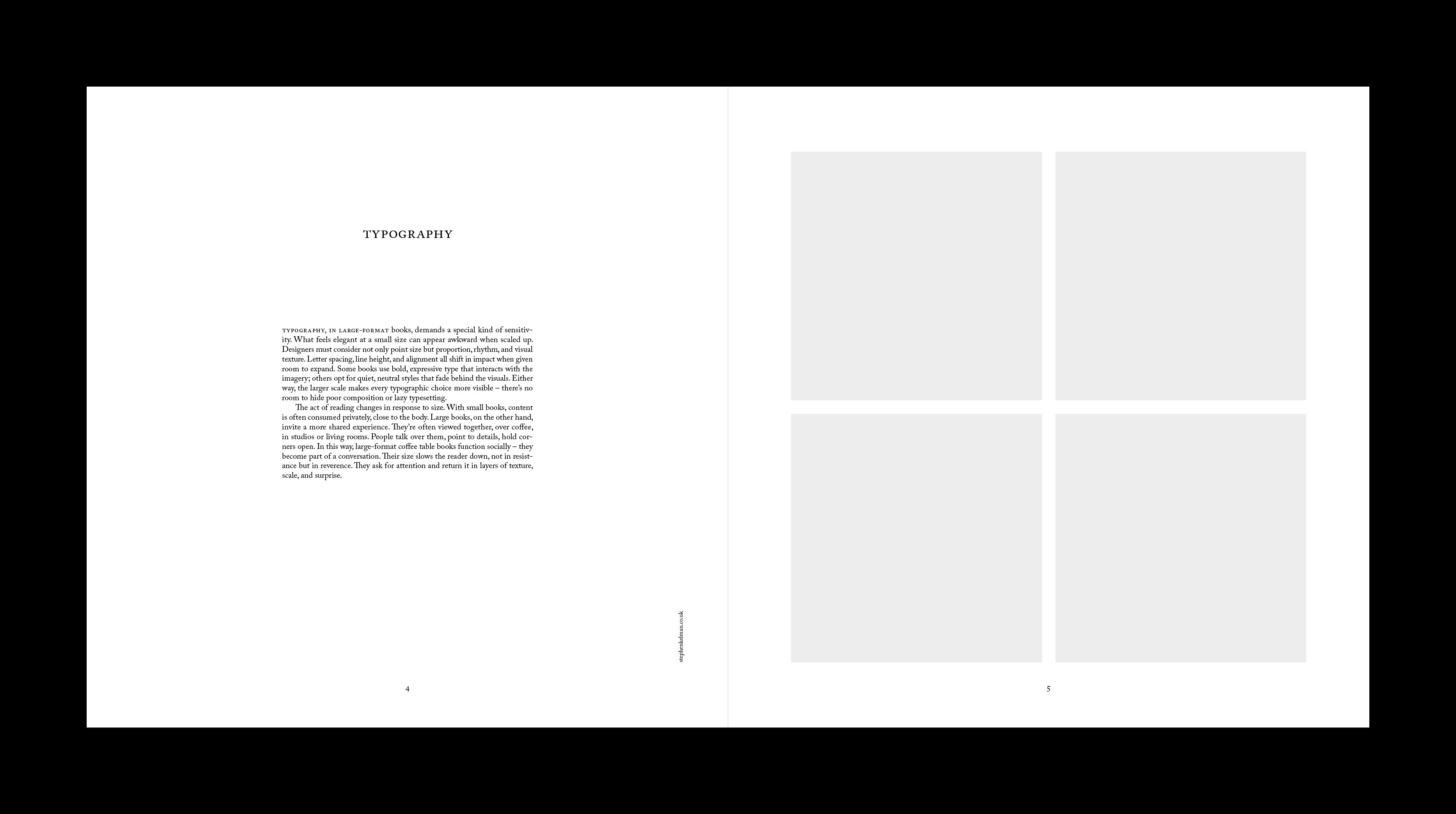 Typography section opener facing a four-image placeholder grid on the square page.