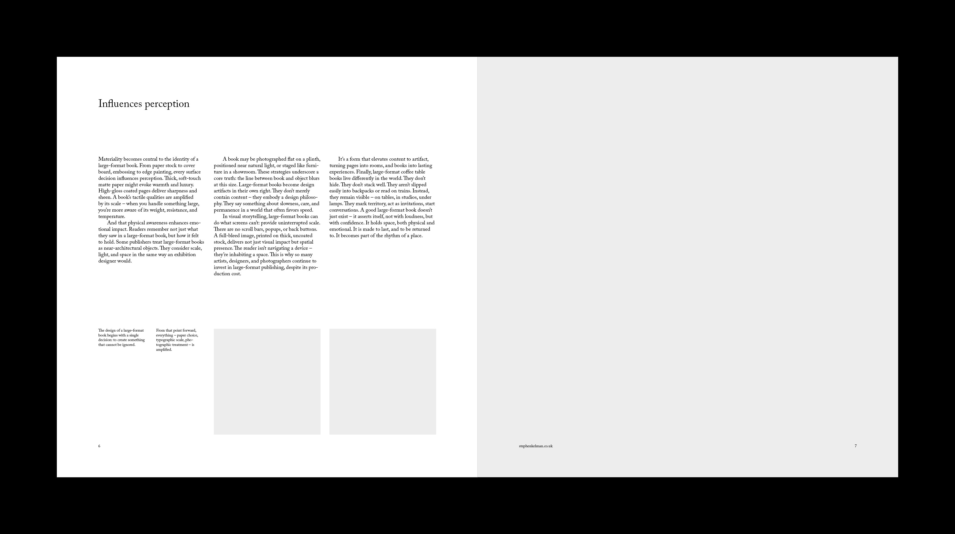Spread combining serif body columns and small image placeholders with a blank facing page.