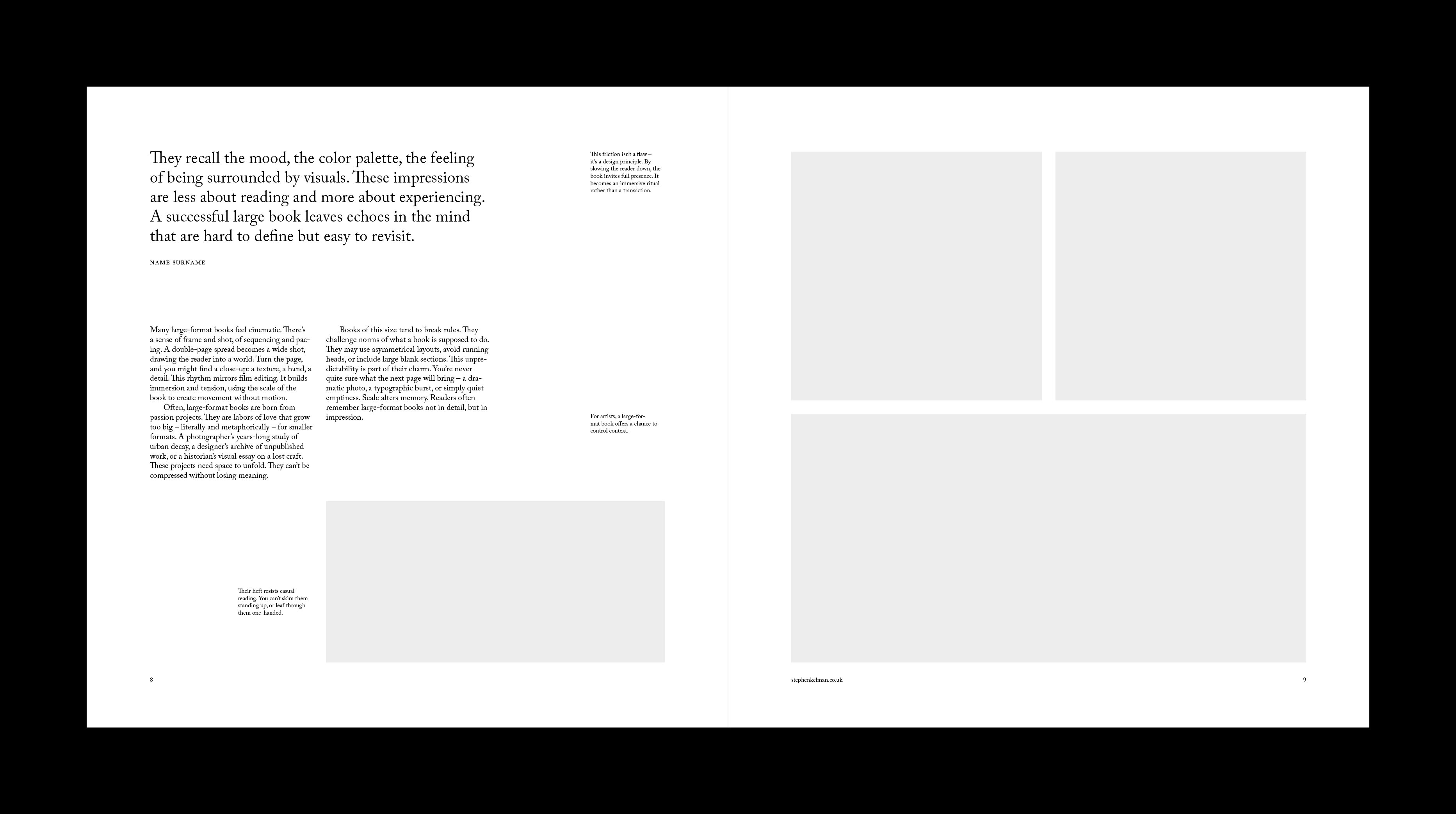 Pull-quote spread with a large serif quotation on the left and a banded image layout opposite.