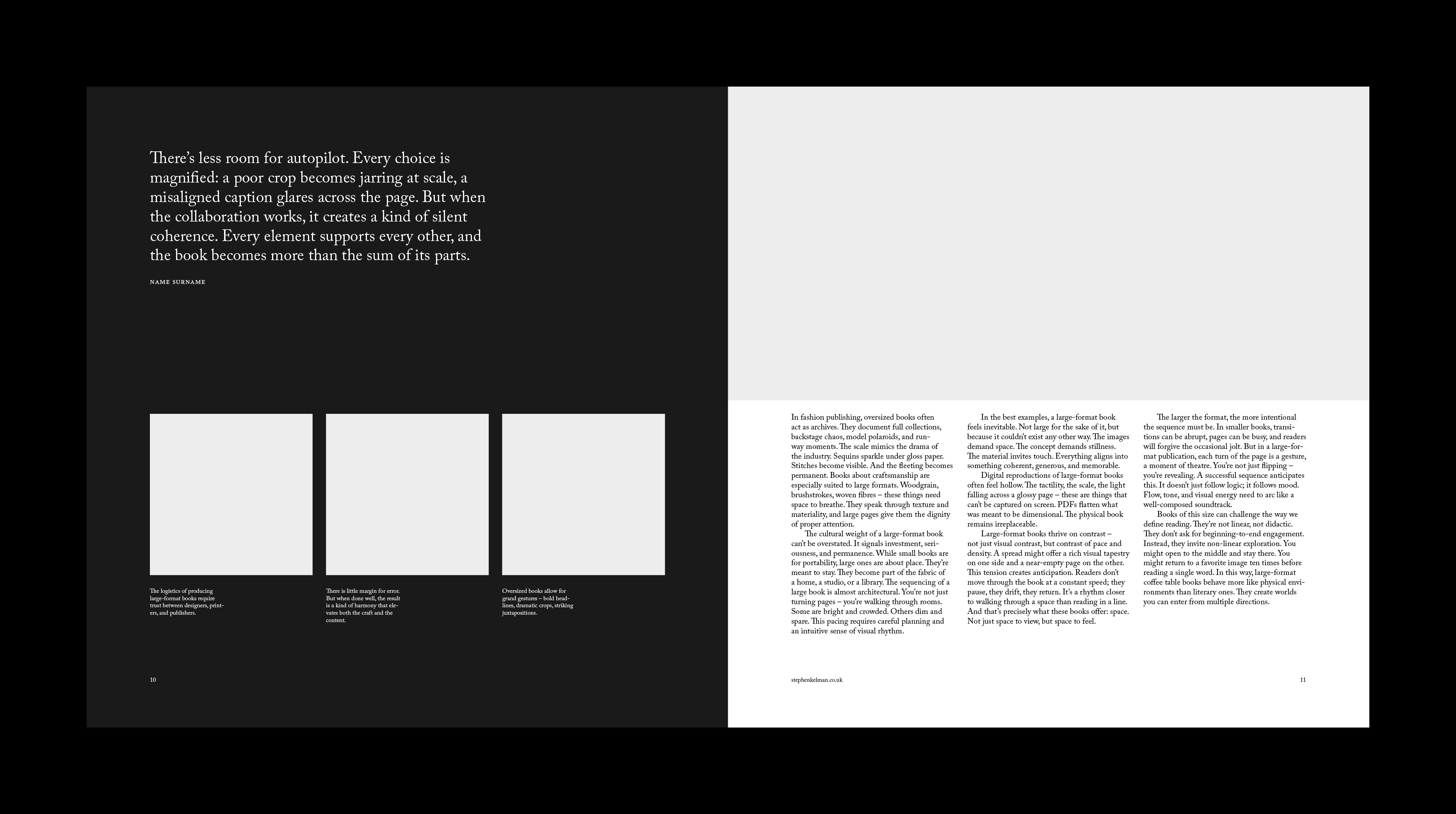 Dark spread with a white serif quotation on black facing dense text columns and captions.