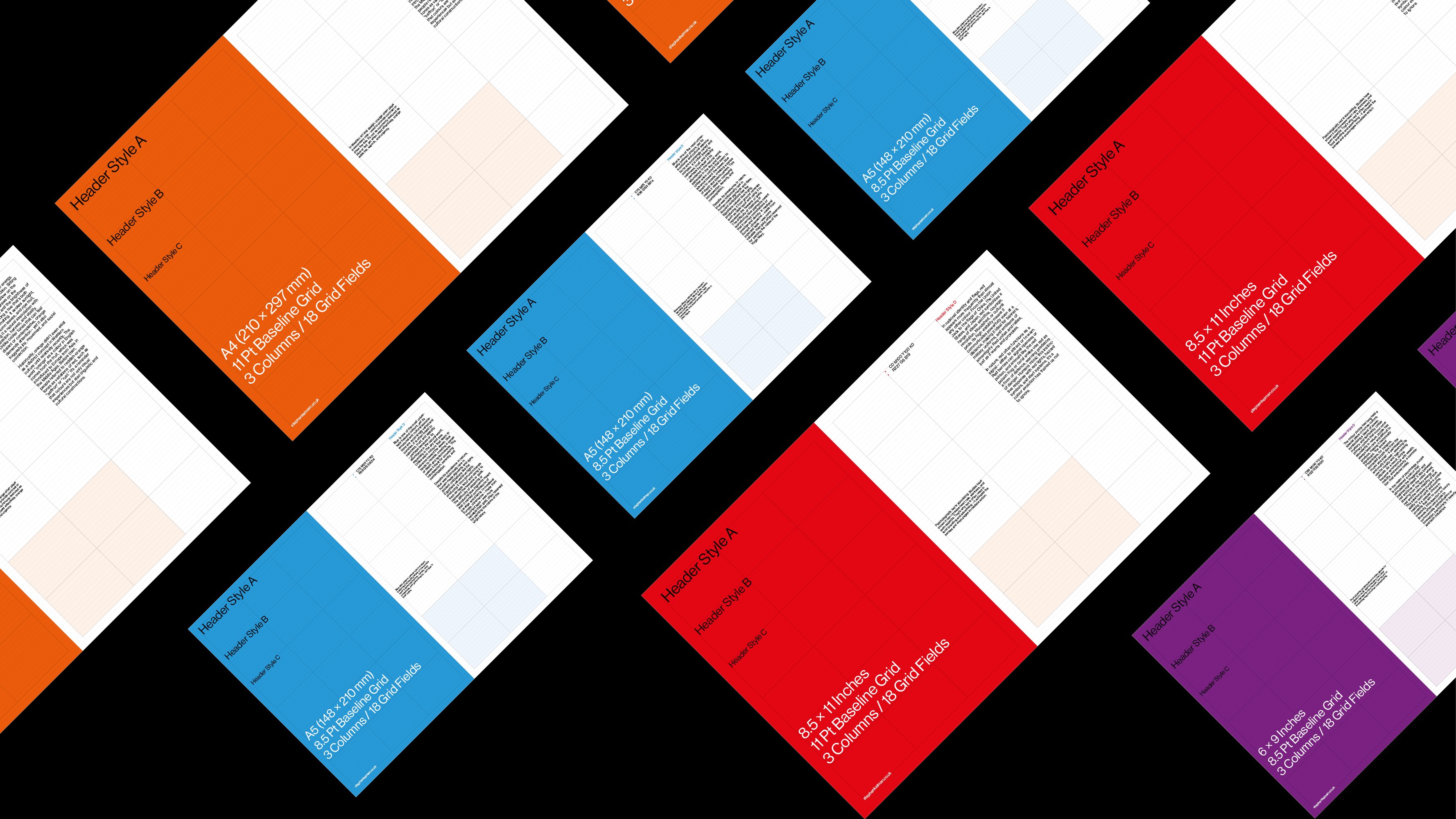 Colours Grid System Series for InDesign covers in orange, blue, red and purple arranged diagonally on black.