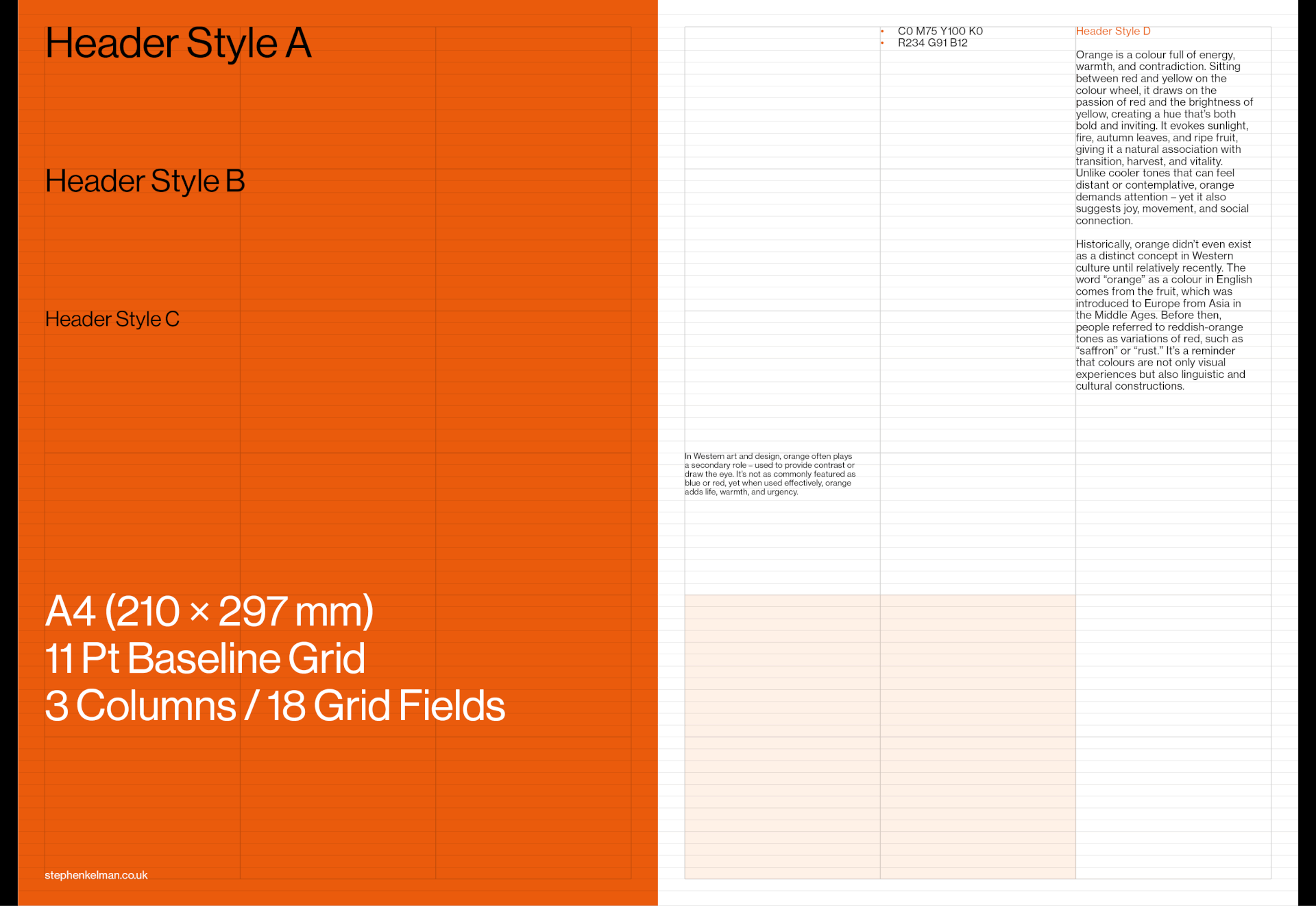 Orange A4 spread showing the three-tier header style ladder and 11 pt baseline grid over 18 fields.