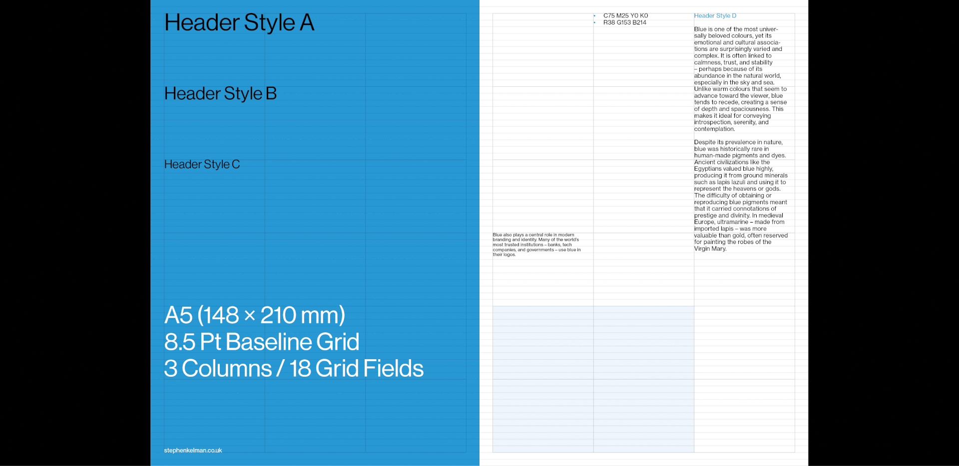 Blue A5 version pairing the header styles with a three-column 8.5 pt baseline grid page.