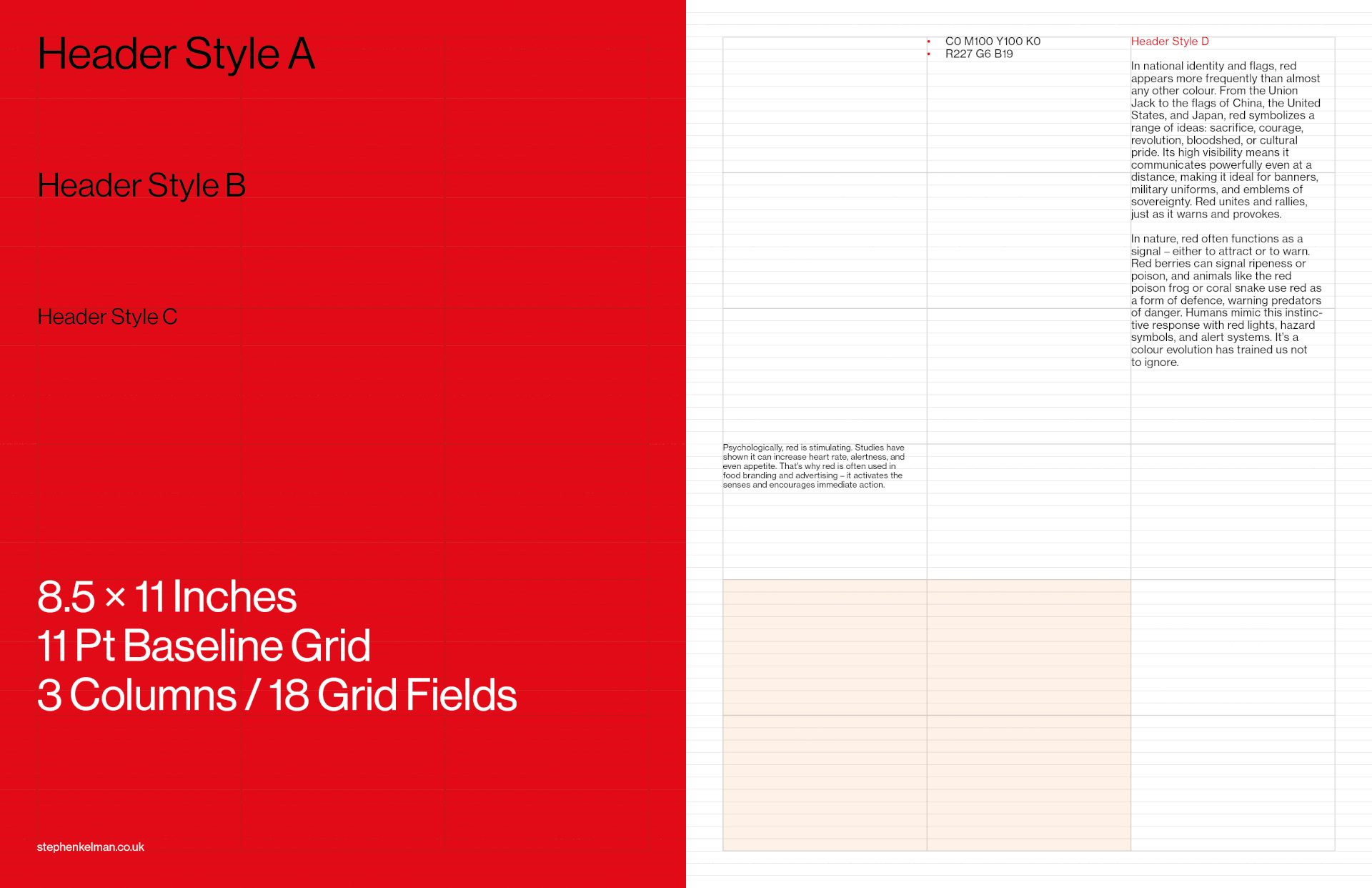 Red US Letter edition with the heading ladder beside the annotated baseline grid layout.