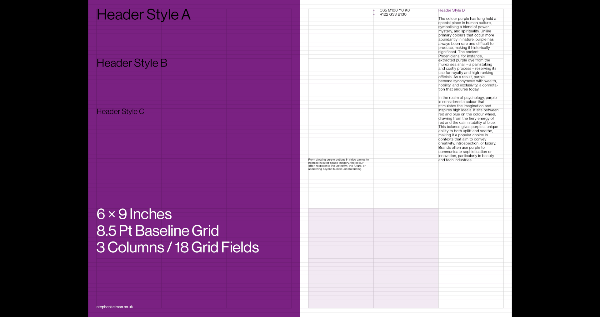 Purple 6 × 9 inch format showing header styles and the three-column grid with sample copy.