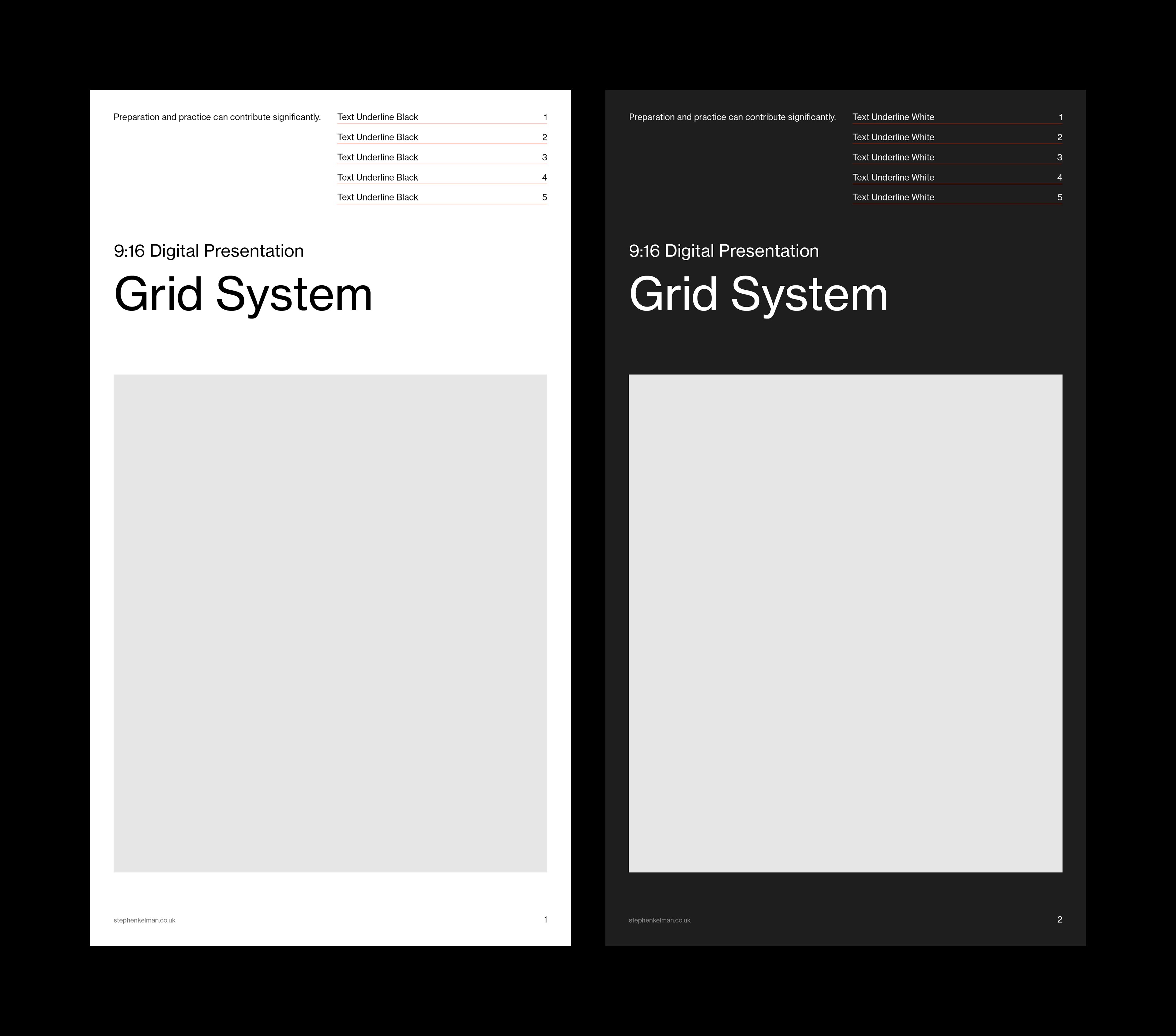 Title slide layout in black-on-white and white-on-black versions with numbered index links.