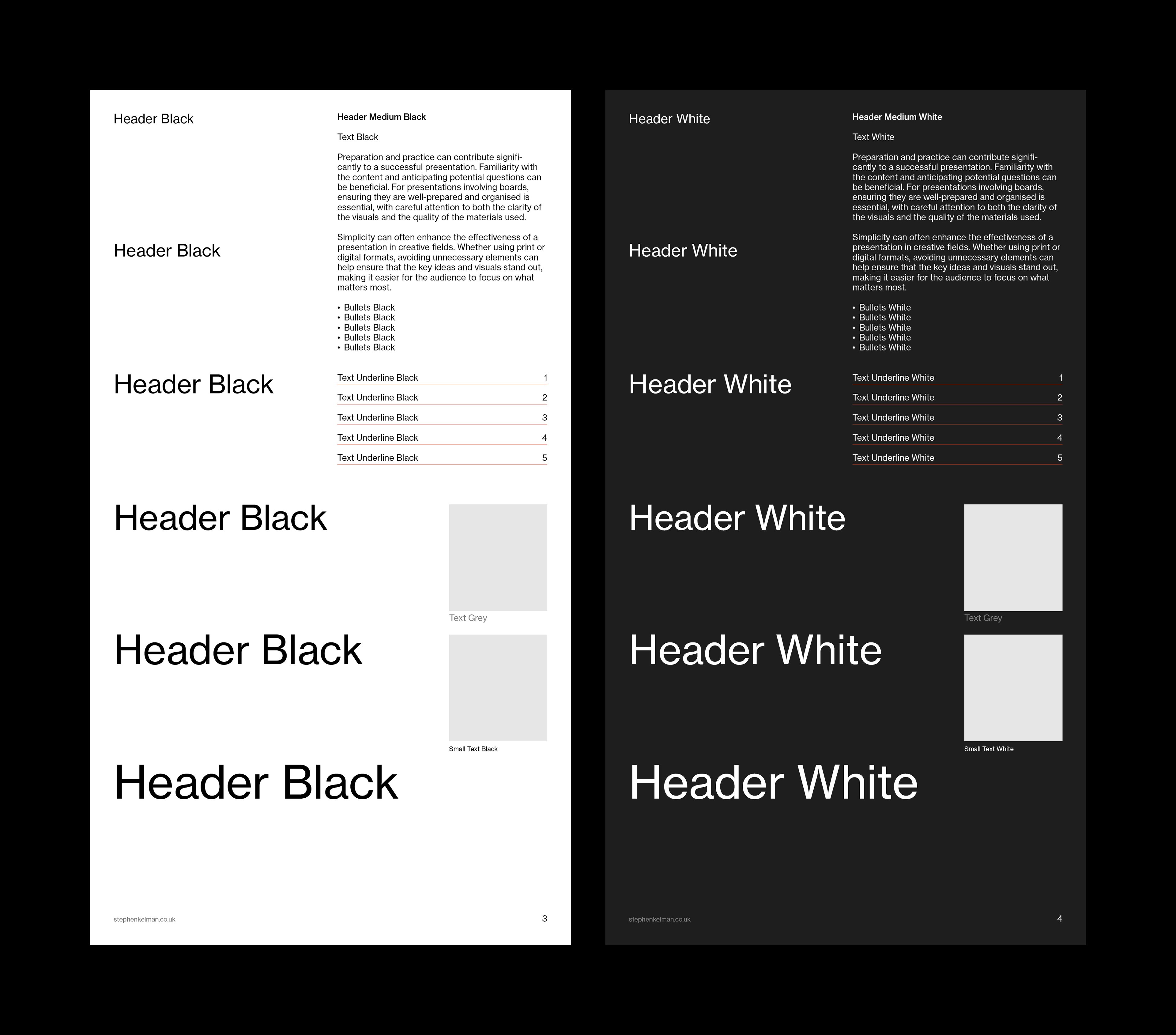 Type hierarchy ladder of headers stepping up in size, shown in black and reversed white versions.