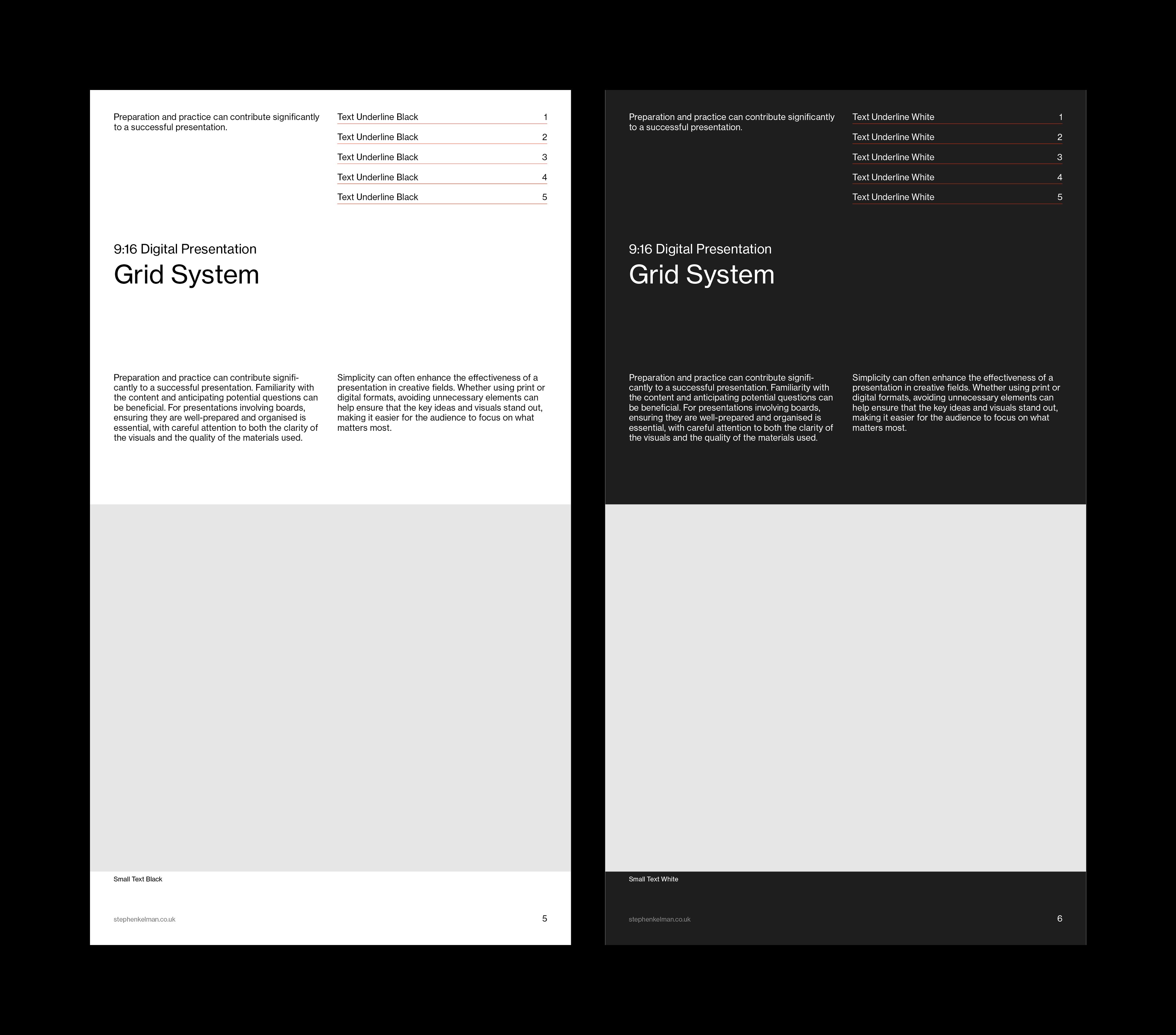 Paired light and dark 9:16 layouts with intro text columns above a large image area.